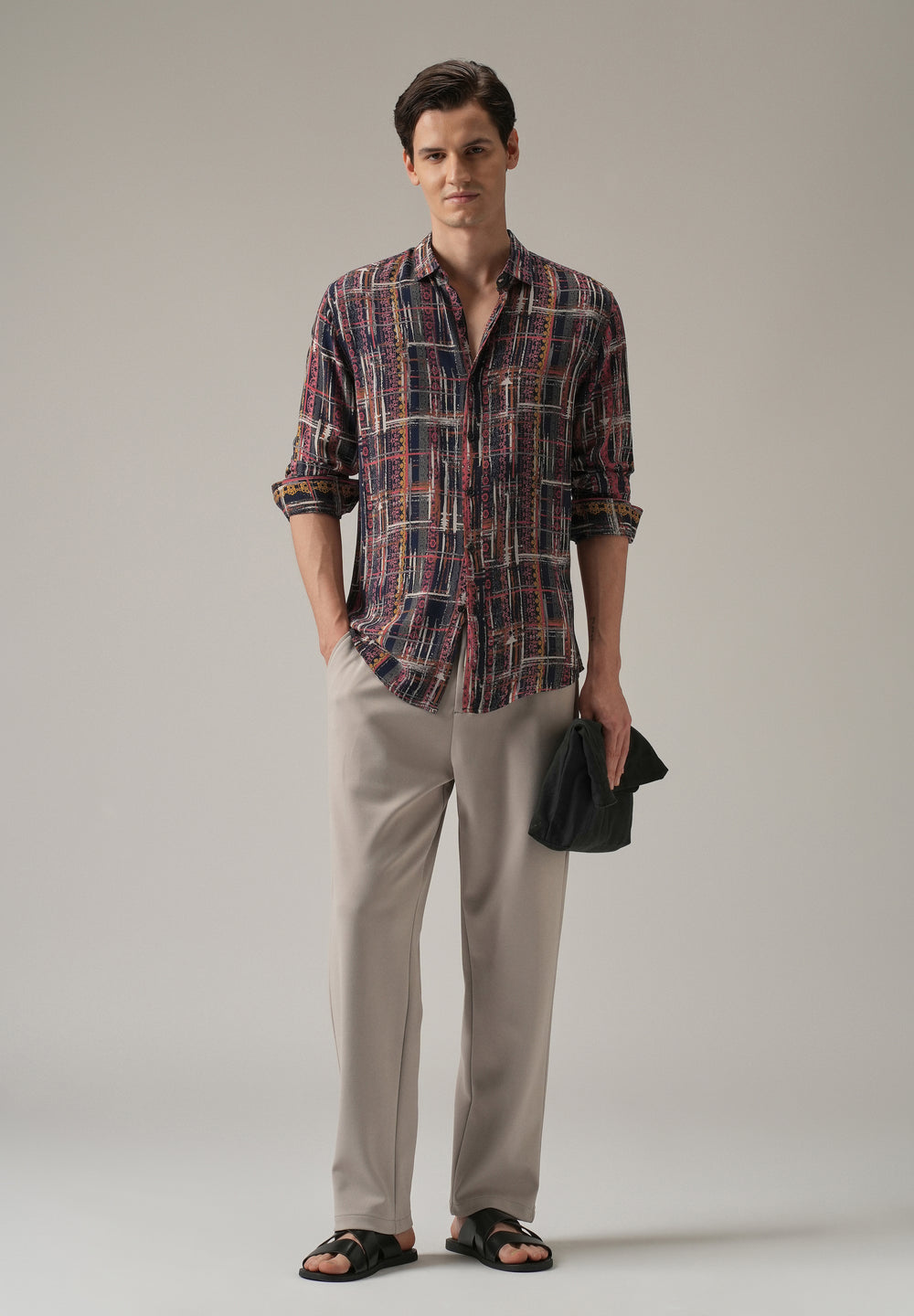 Abstract Multi Plaid Print Feather Shirt