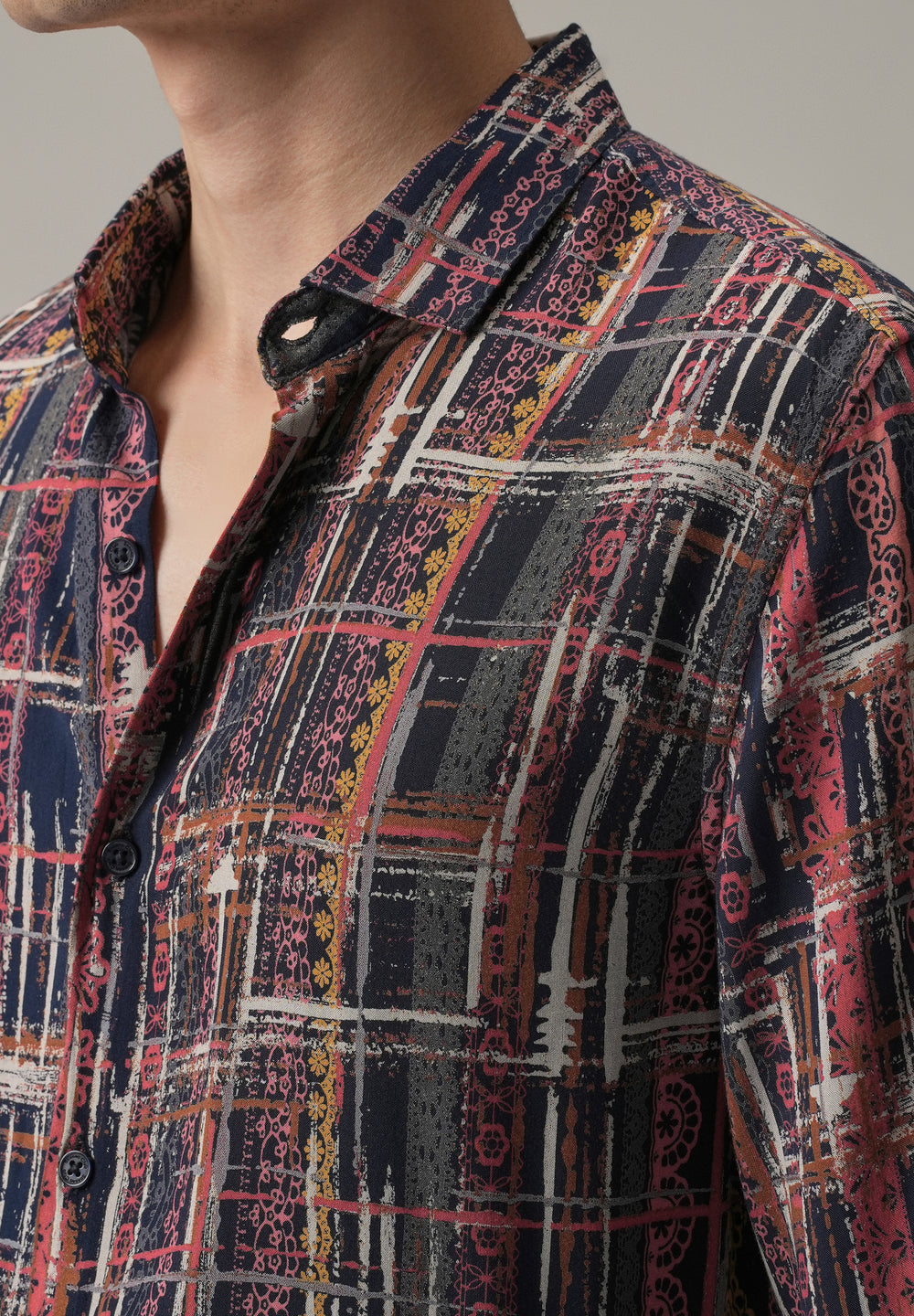 Abstract Multi Plaid Print Feather Shirt