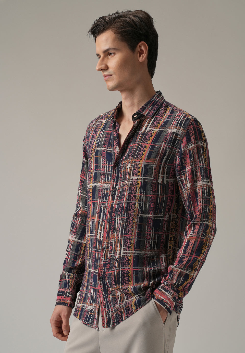 Abstract Multi Plaid Print Feather Shirt