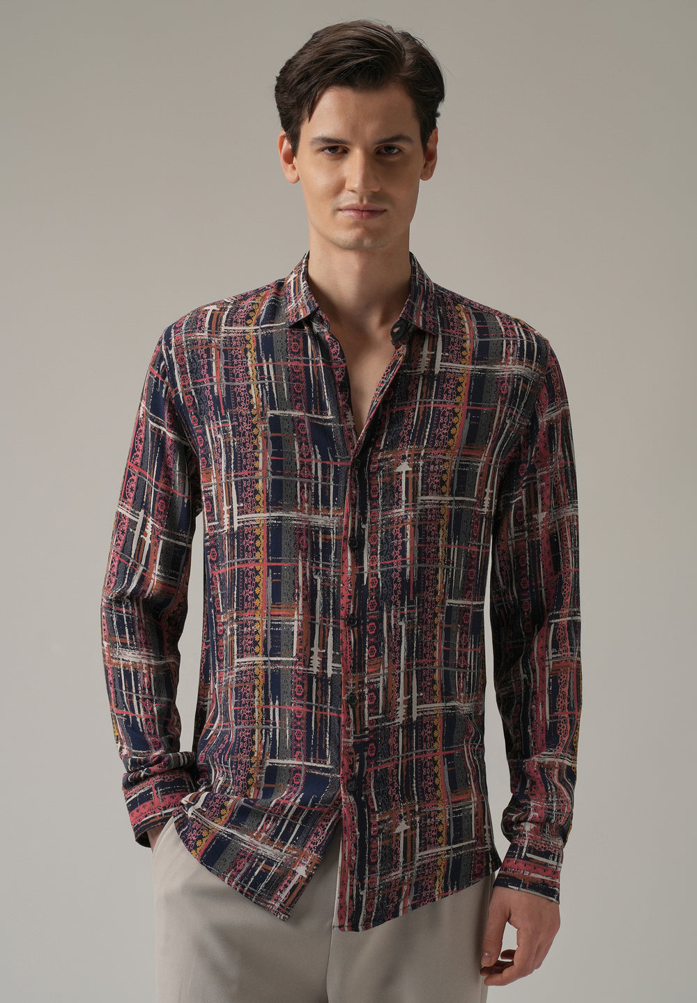 Abstract Multi Plaid Print Feather Shirt