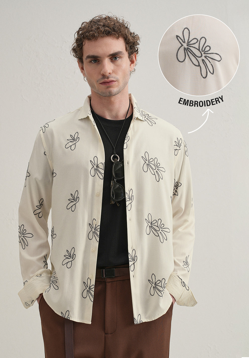 Cream Abstract Floral Embroidery Shirt