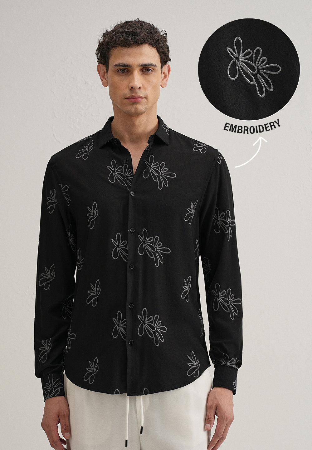 Black Abstract Floral Embroidery Shirt