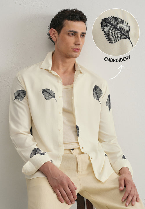 Cream Feather Embroidery Shirt