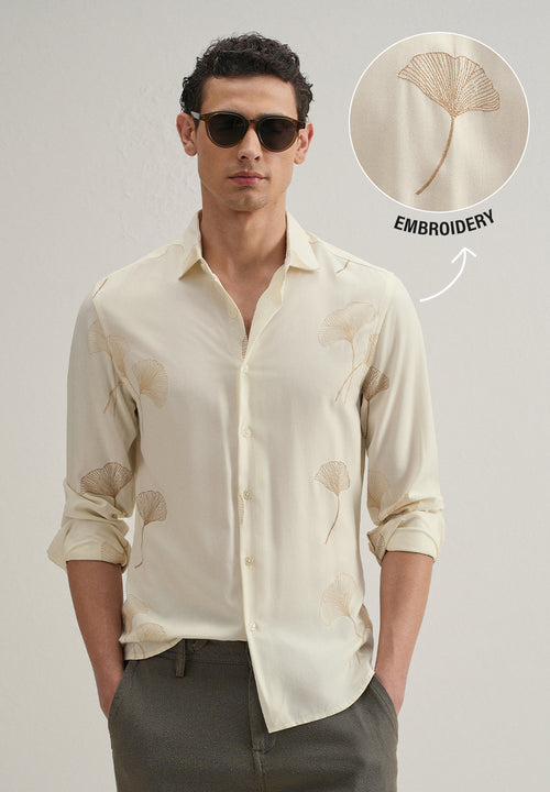 Cream Abstract Leaf Embroidery Shirt
