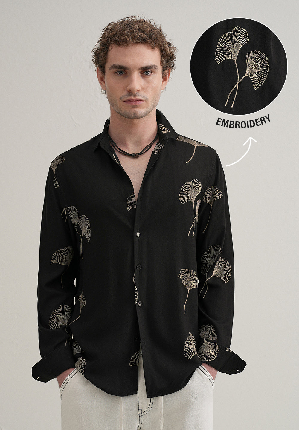 Black Abstract Leaf Embroidery Shirt