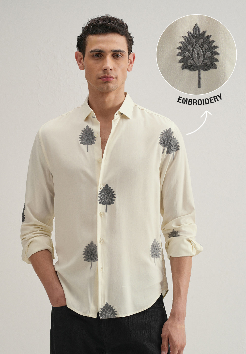 Cream Ethnic Motif Embroidery Shirt
