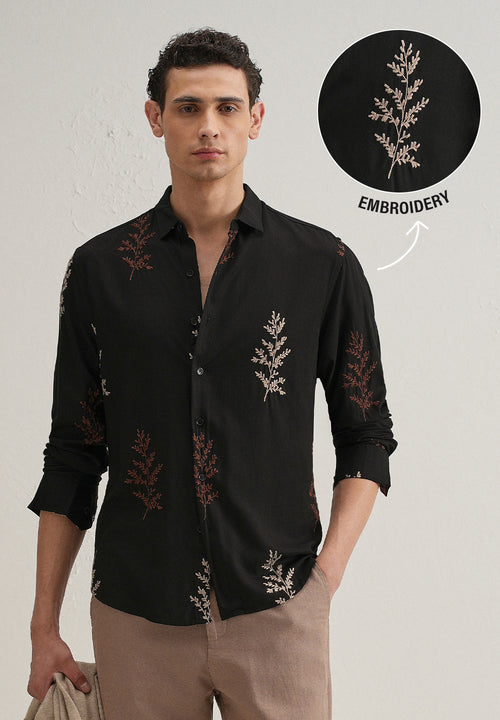 Black Botanical Embroidery Shirt