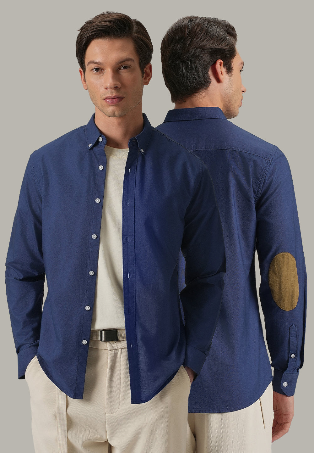 Indigo Blue Plain Elbow Patch Oxford Shirt