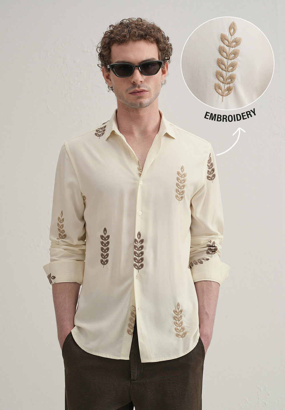 Cream Leaf Embroidery Shirt