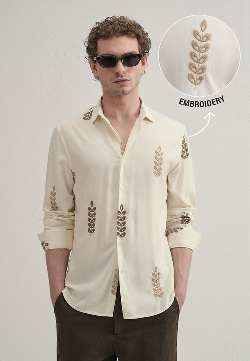Cream Leaf Embroidery Shirt