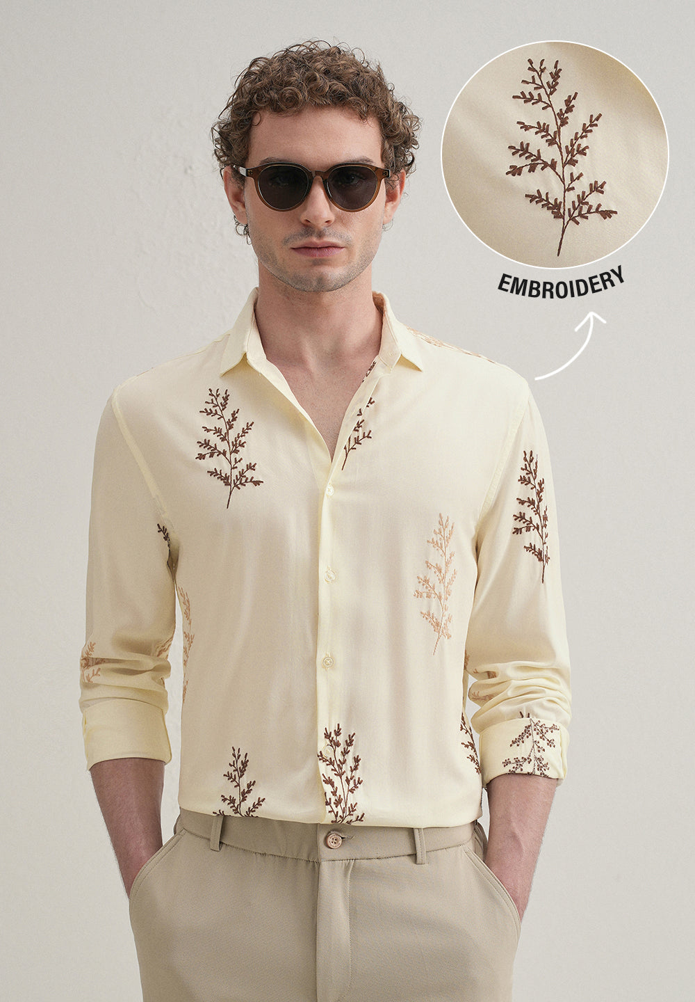 Cream Botanical Embroidery Shirt