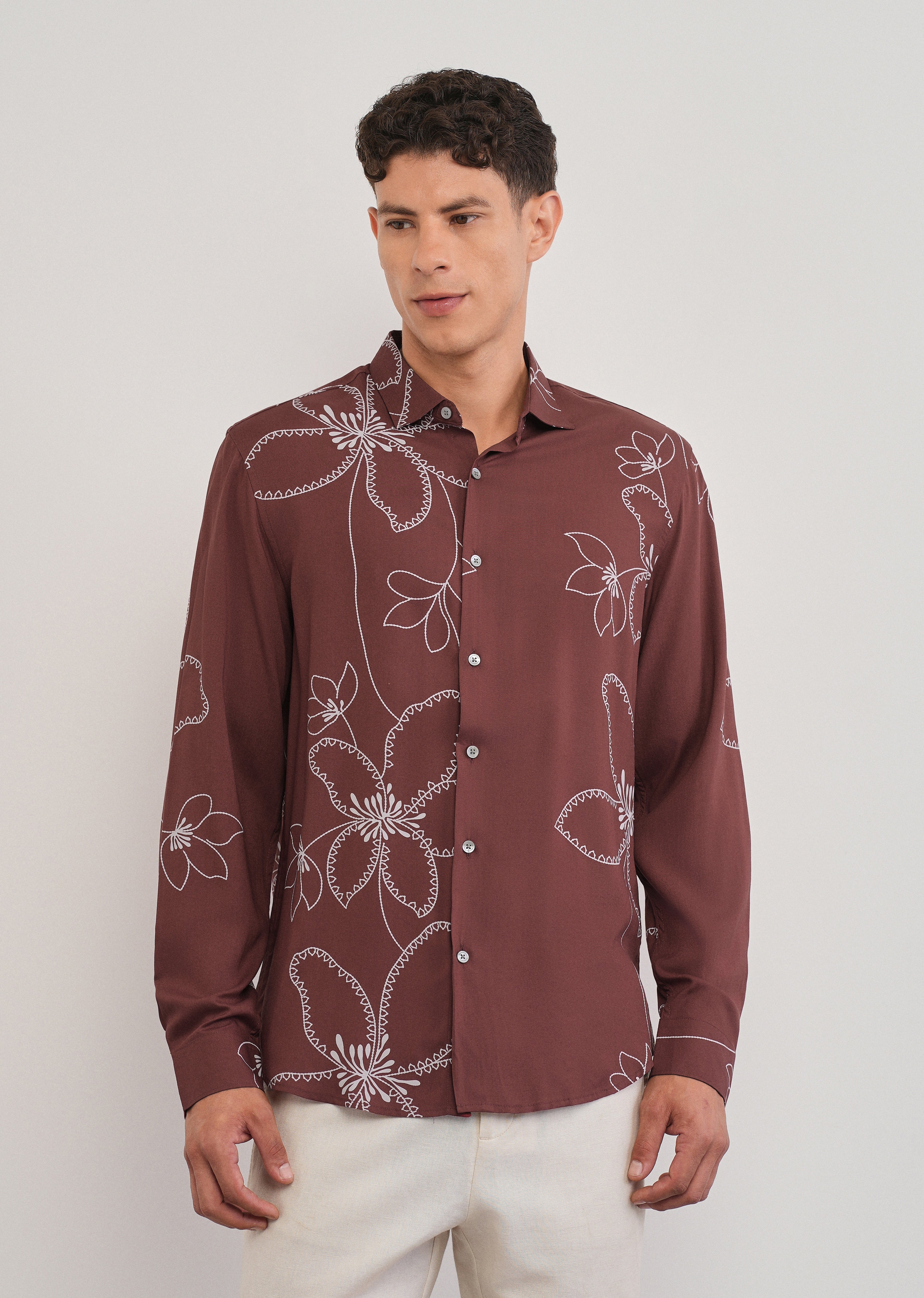 Burnt Umber Artistic Floral Printed Shirt