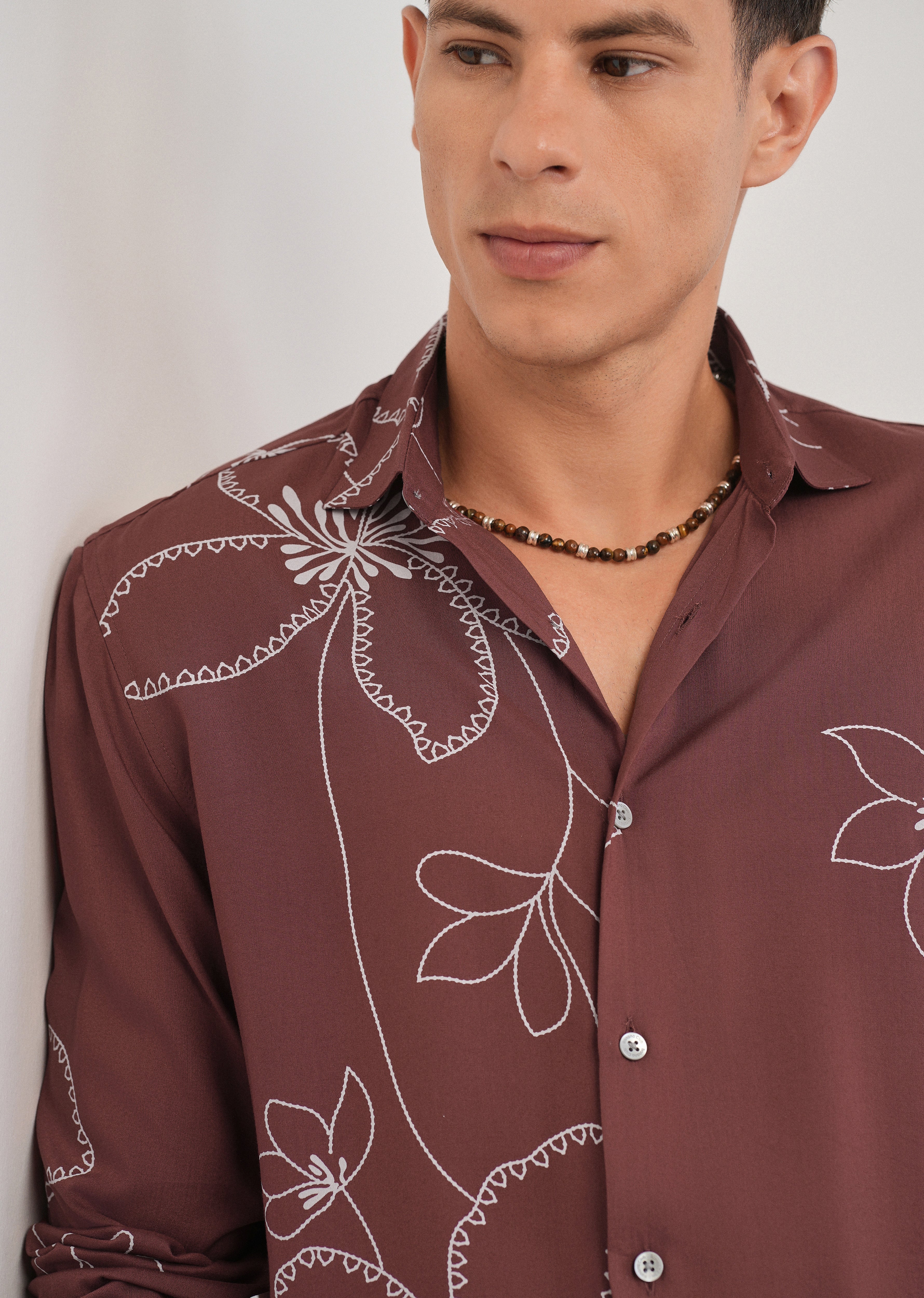 Burnt Umber Artistic Floral Printed Shirt