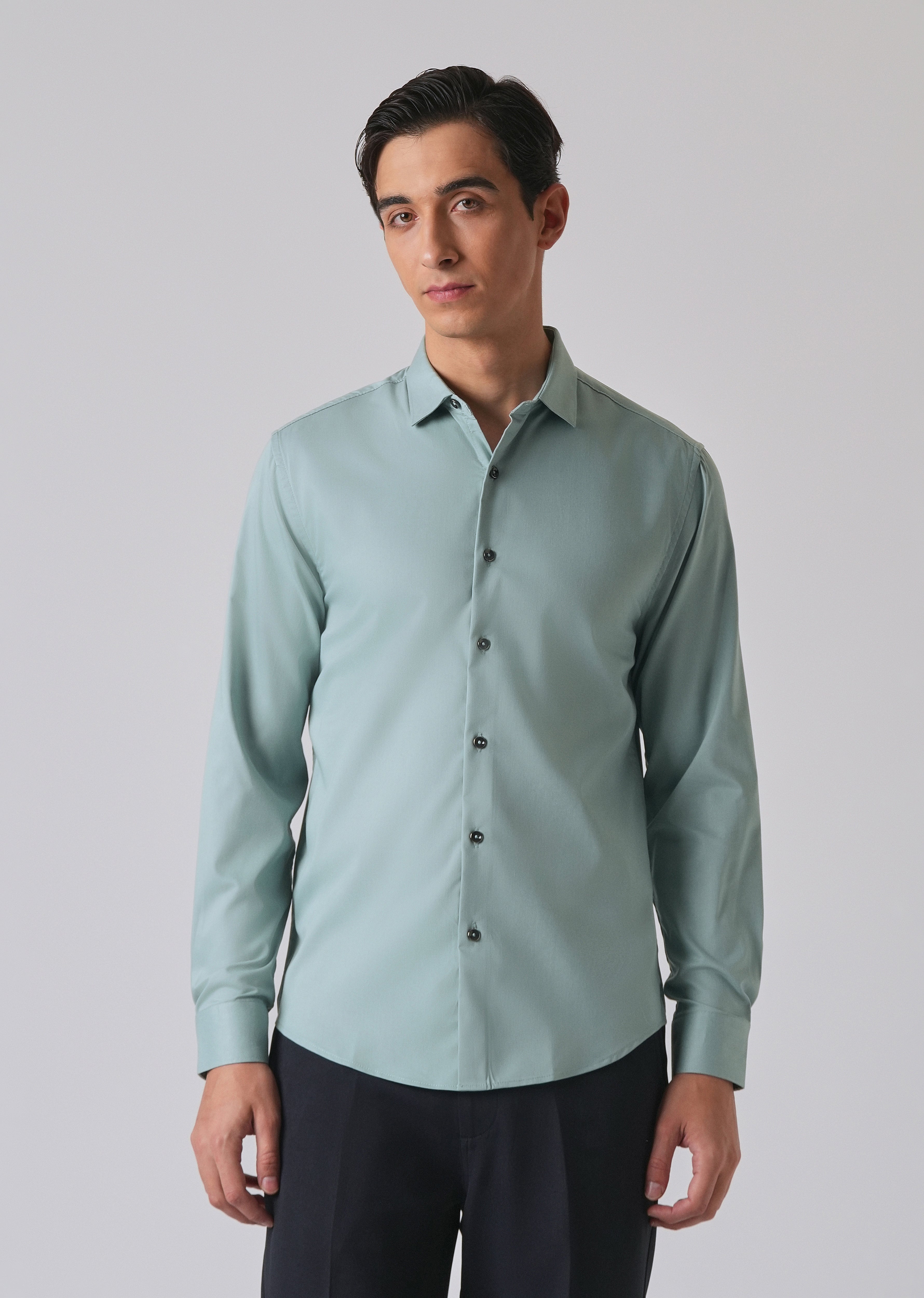 Ash Green Cotton Stretch Plain Shirt