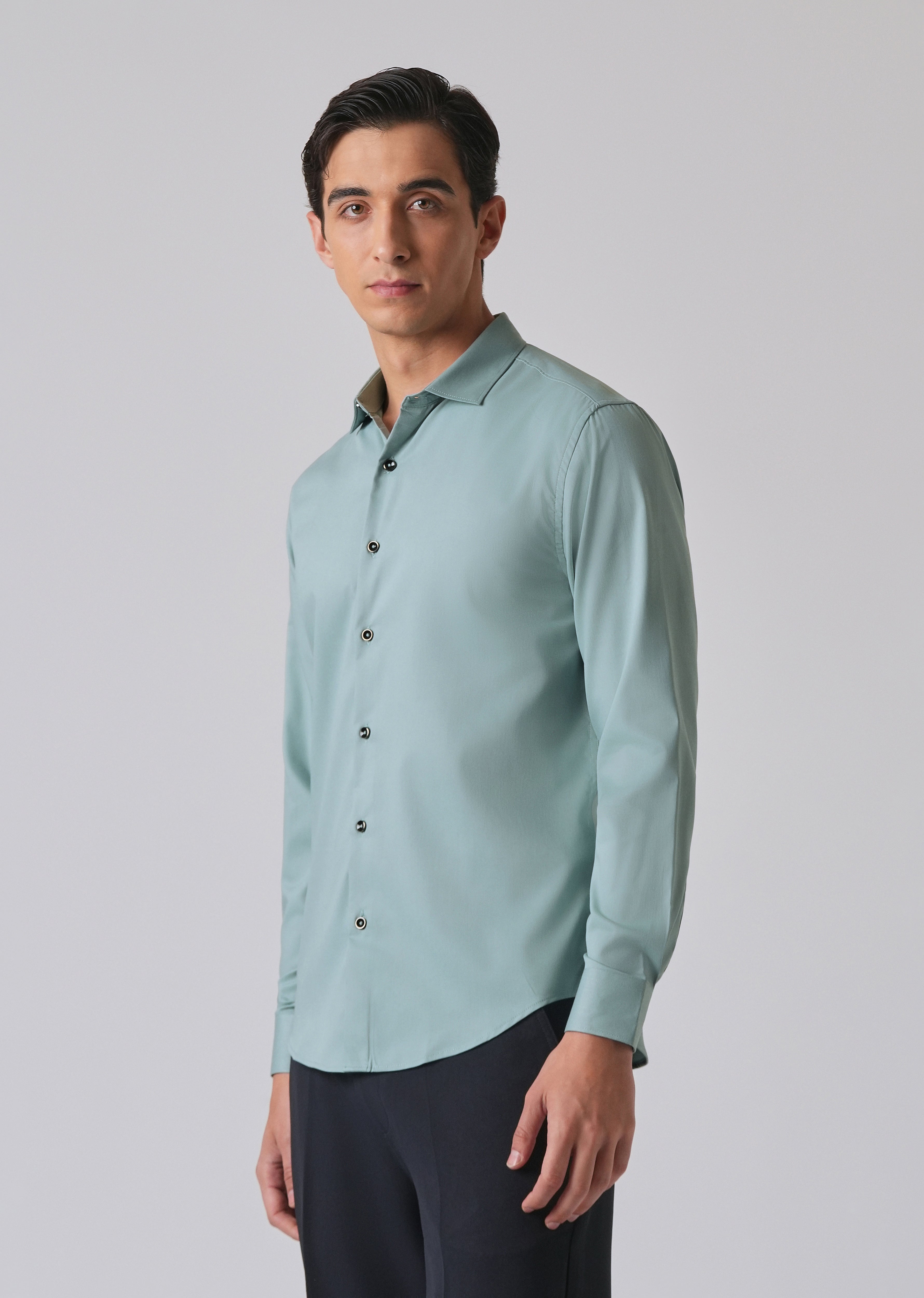 Ash Green Cotton Stretch Plain Shirt