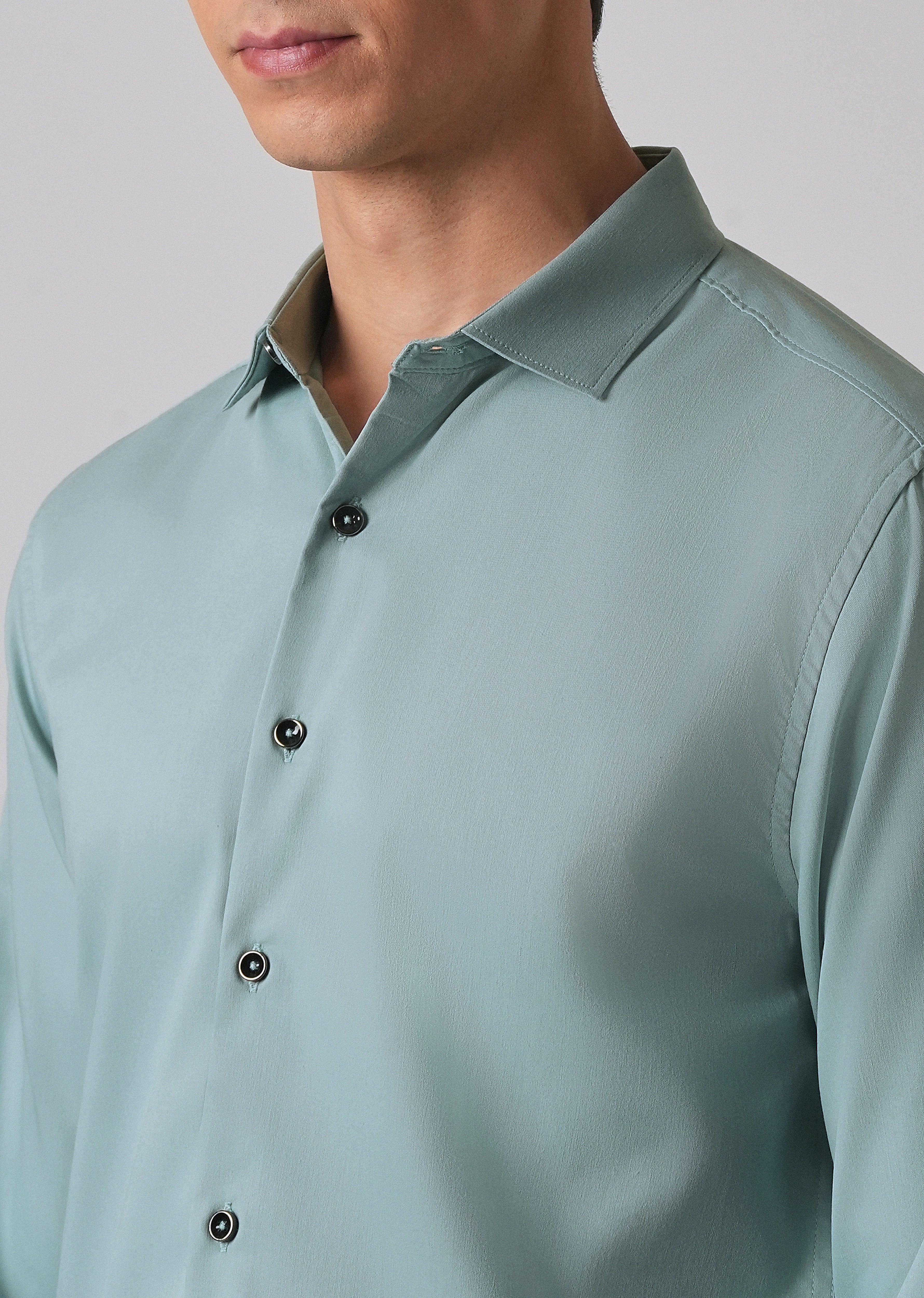 Ash Green Cotton Stretch Plain Shirt