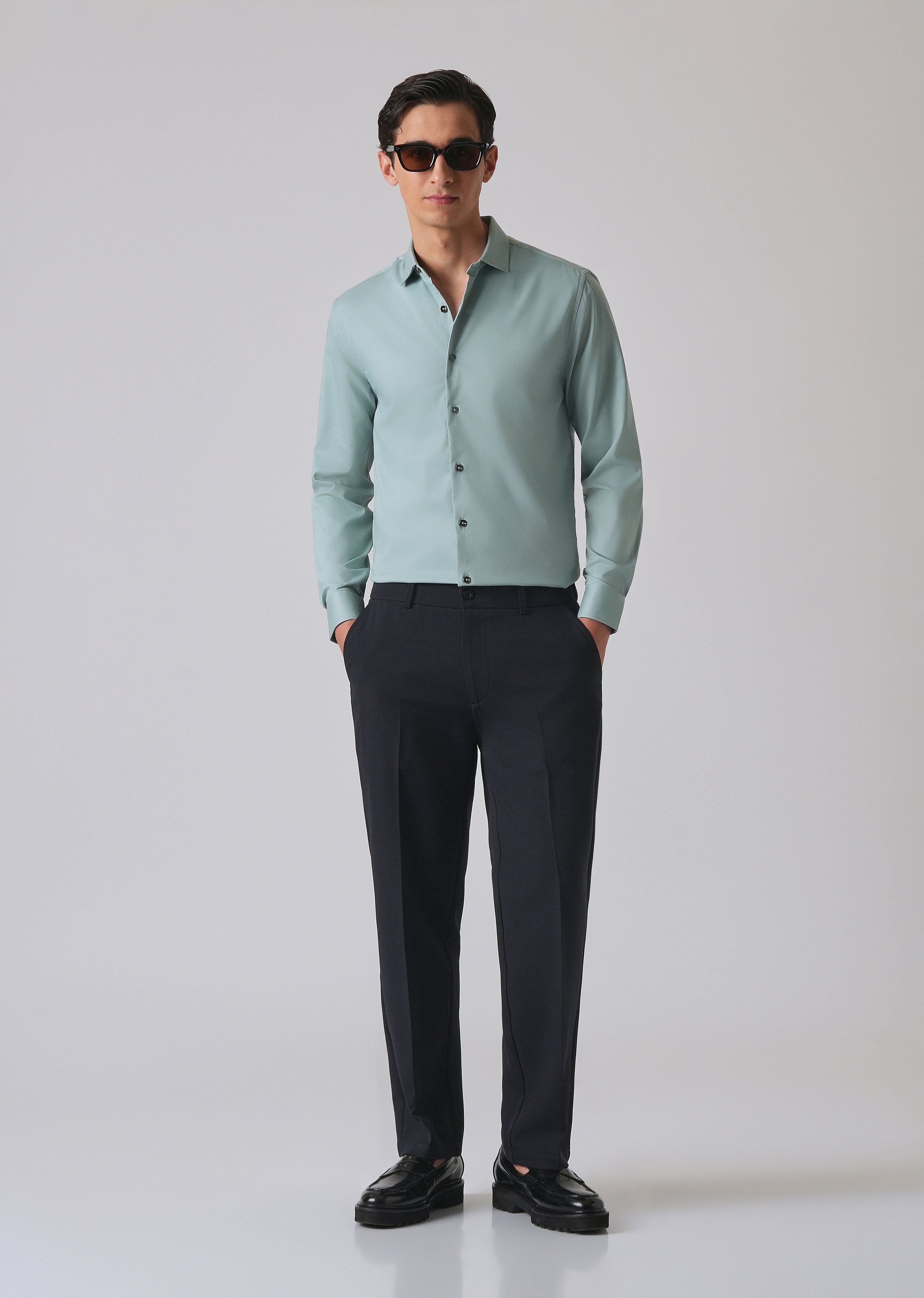 Ash Green Cotton Stretch Plain Shirt