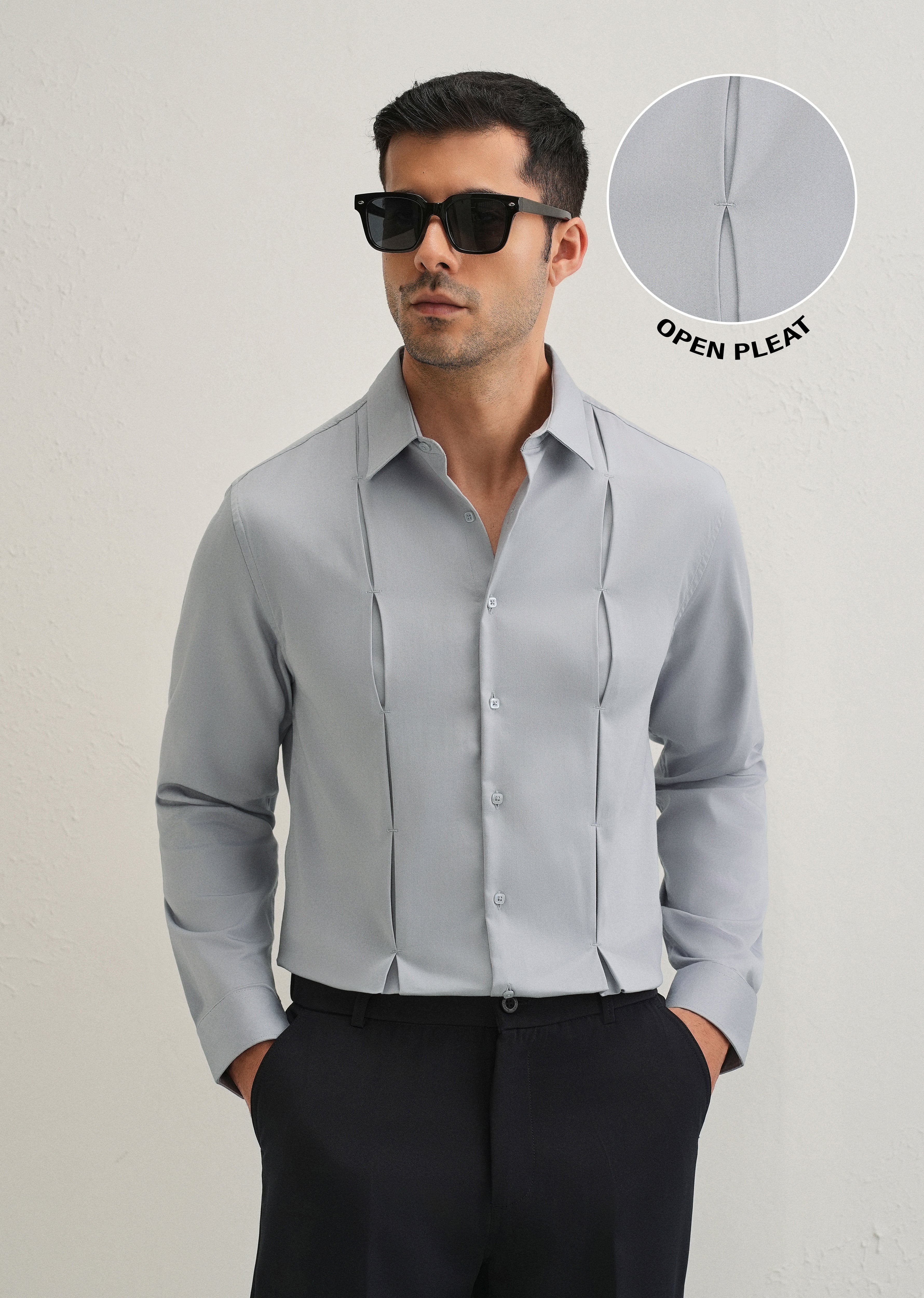 Ash Grey Front Panel Open Pleat Shirt