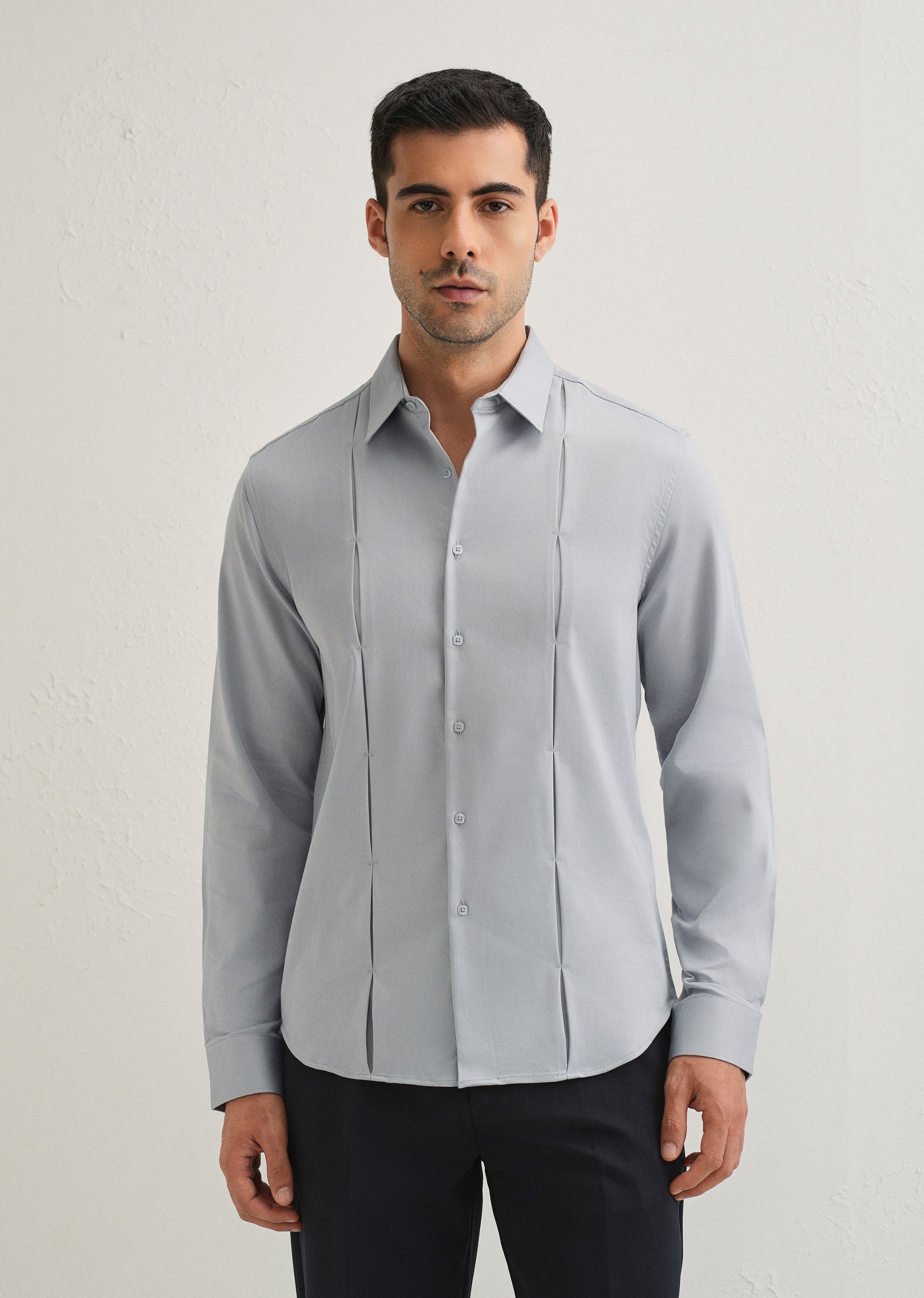 Ash Grey Front Panel Open Pleat Shirt