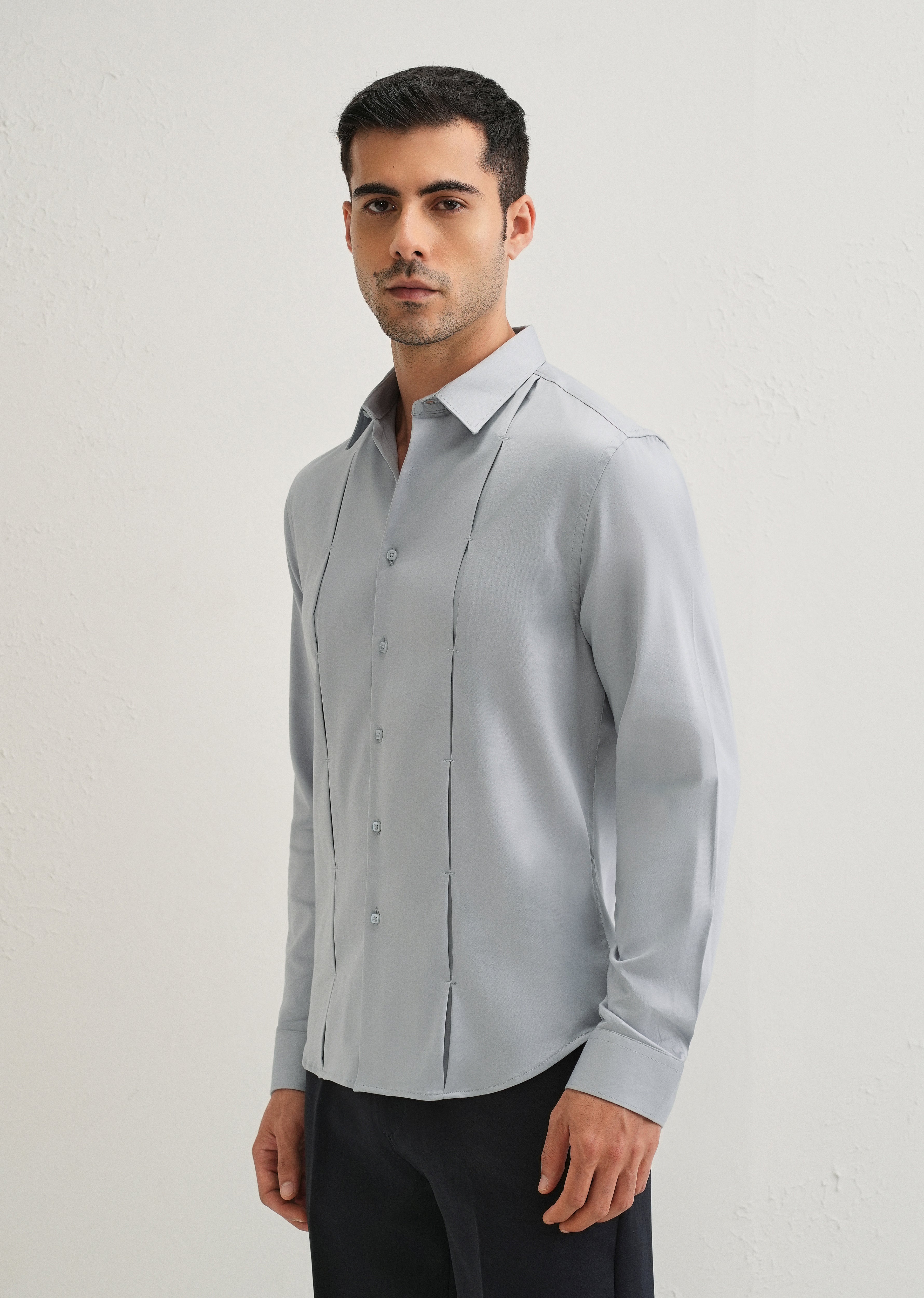 Ash Grey Front Panel Open Pleat Shirt