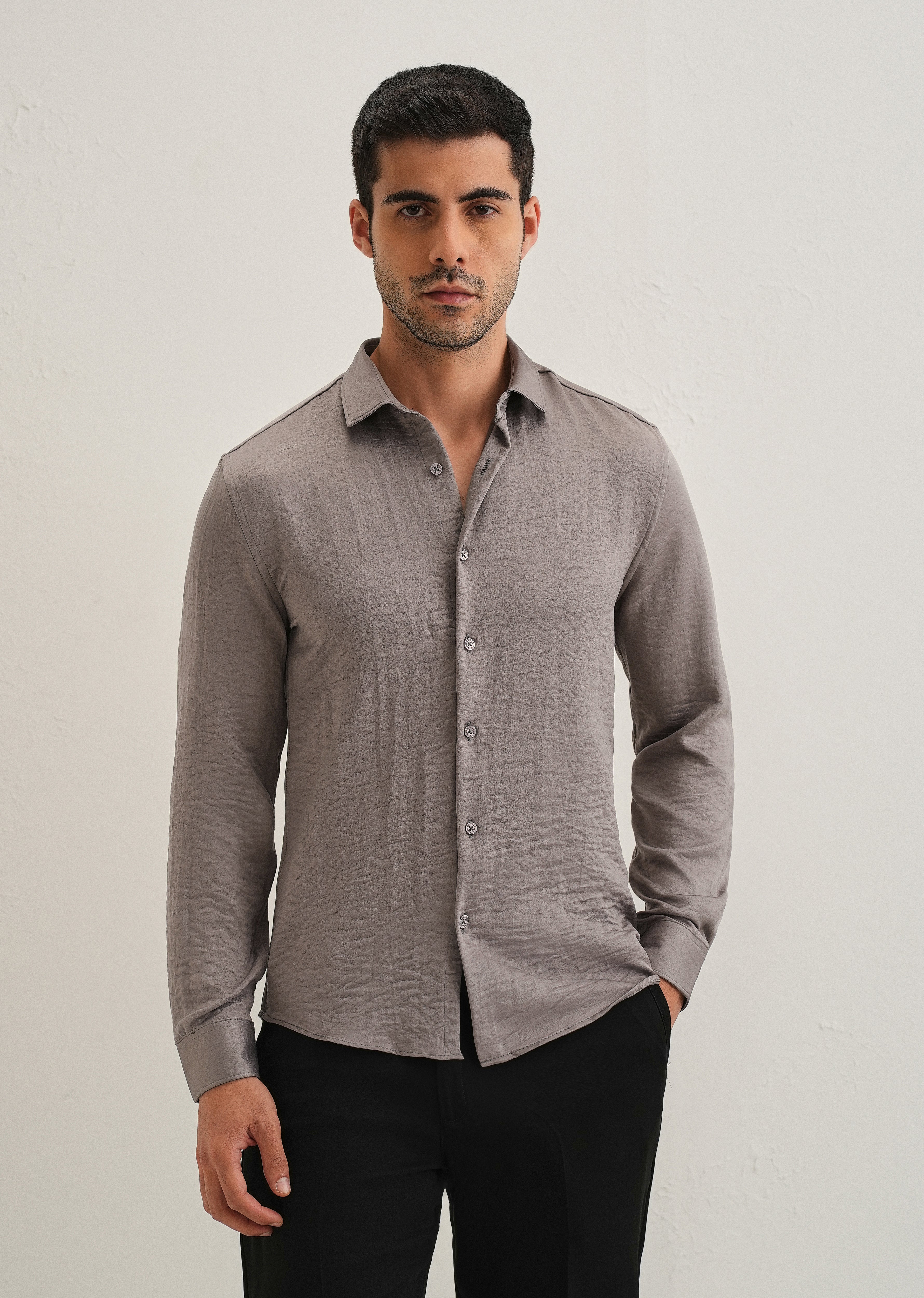 Ash Grey Plain Crushed Satin Shirt