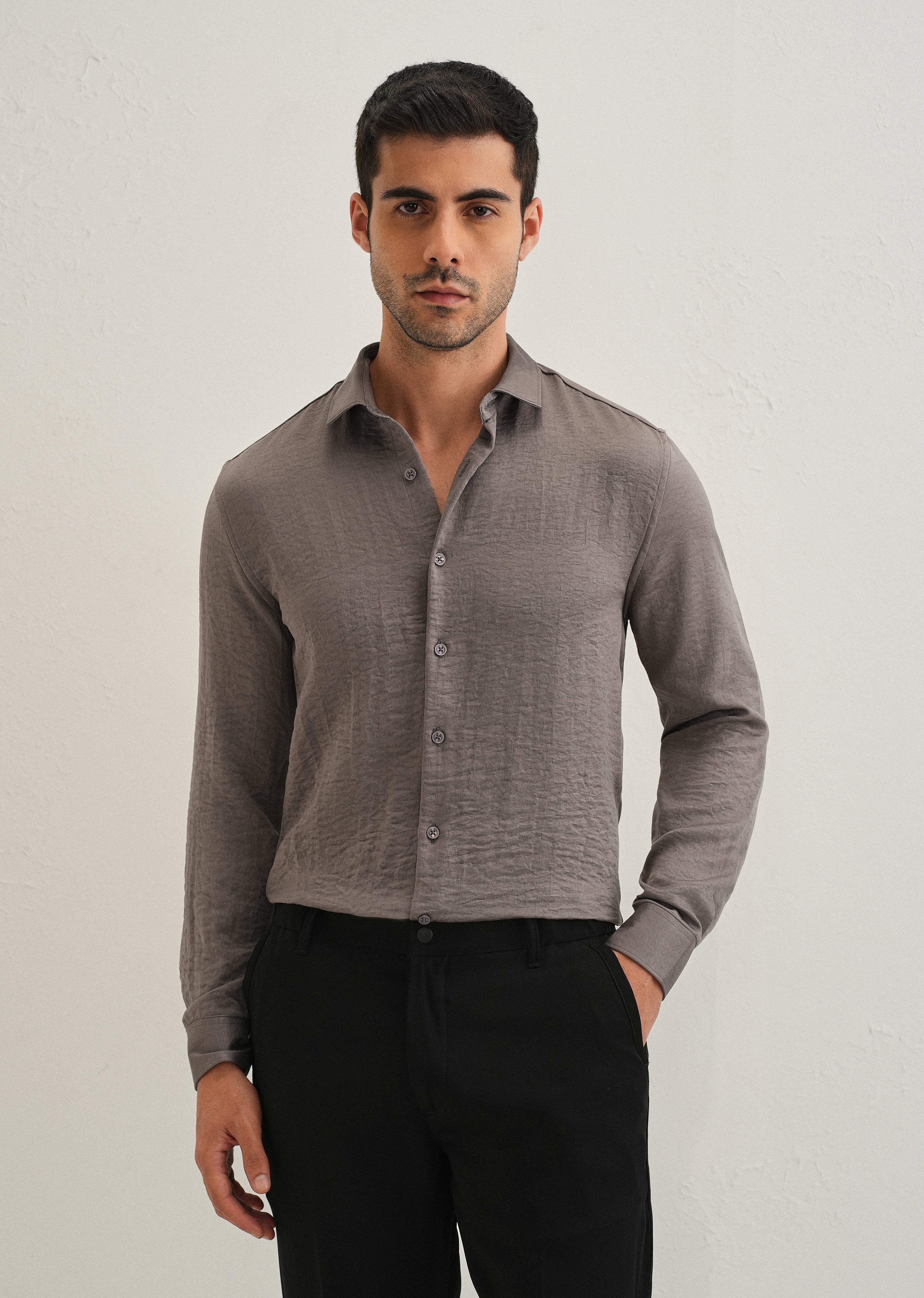 Ash Grey Plain Crushed Satin Shirt