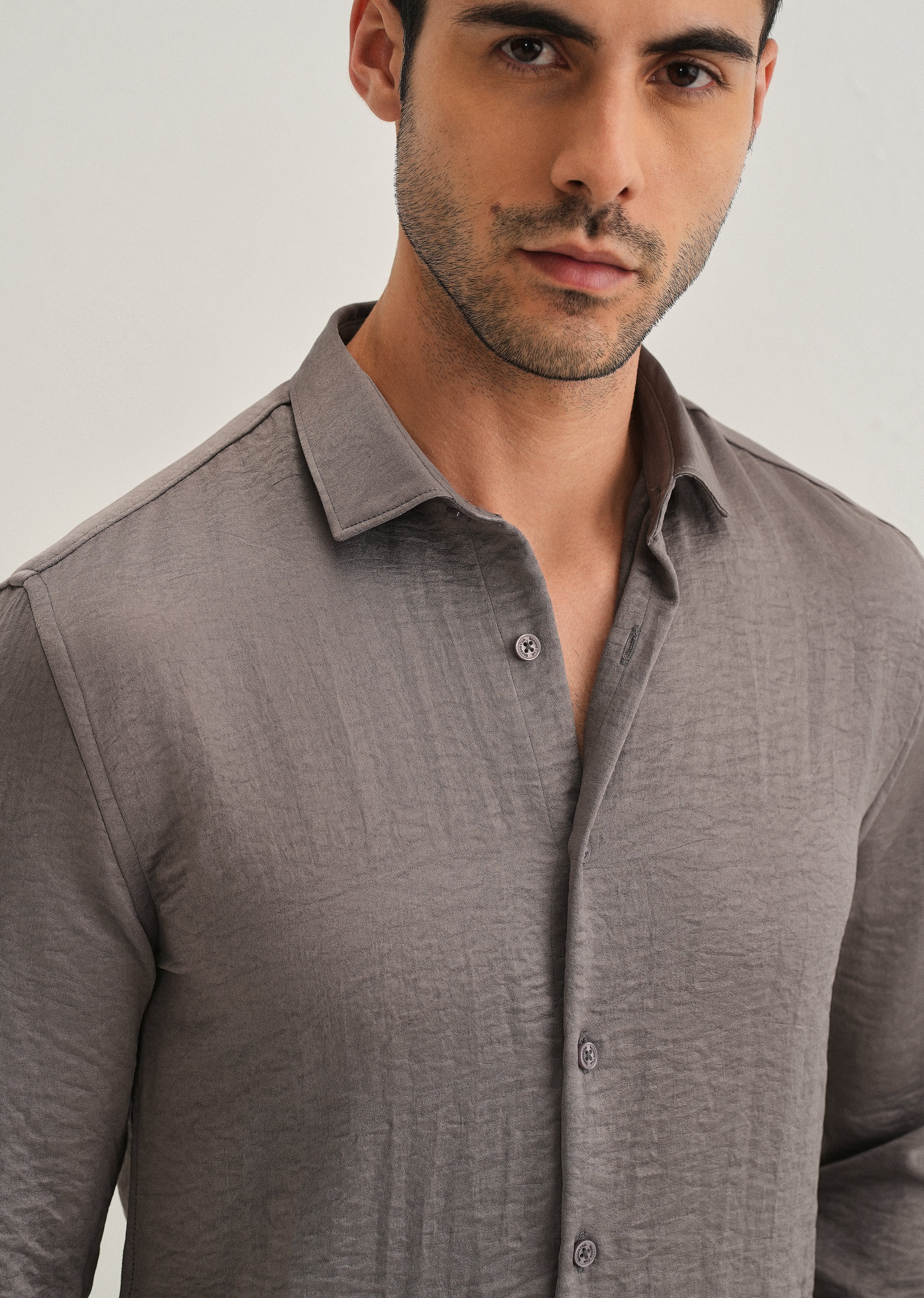 Ash Grey Plain Crushed Satin Shirt
