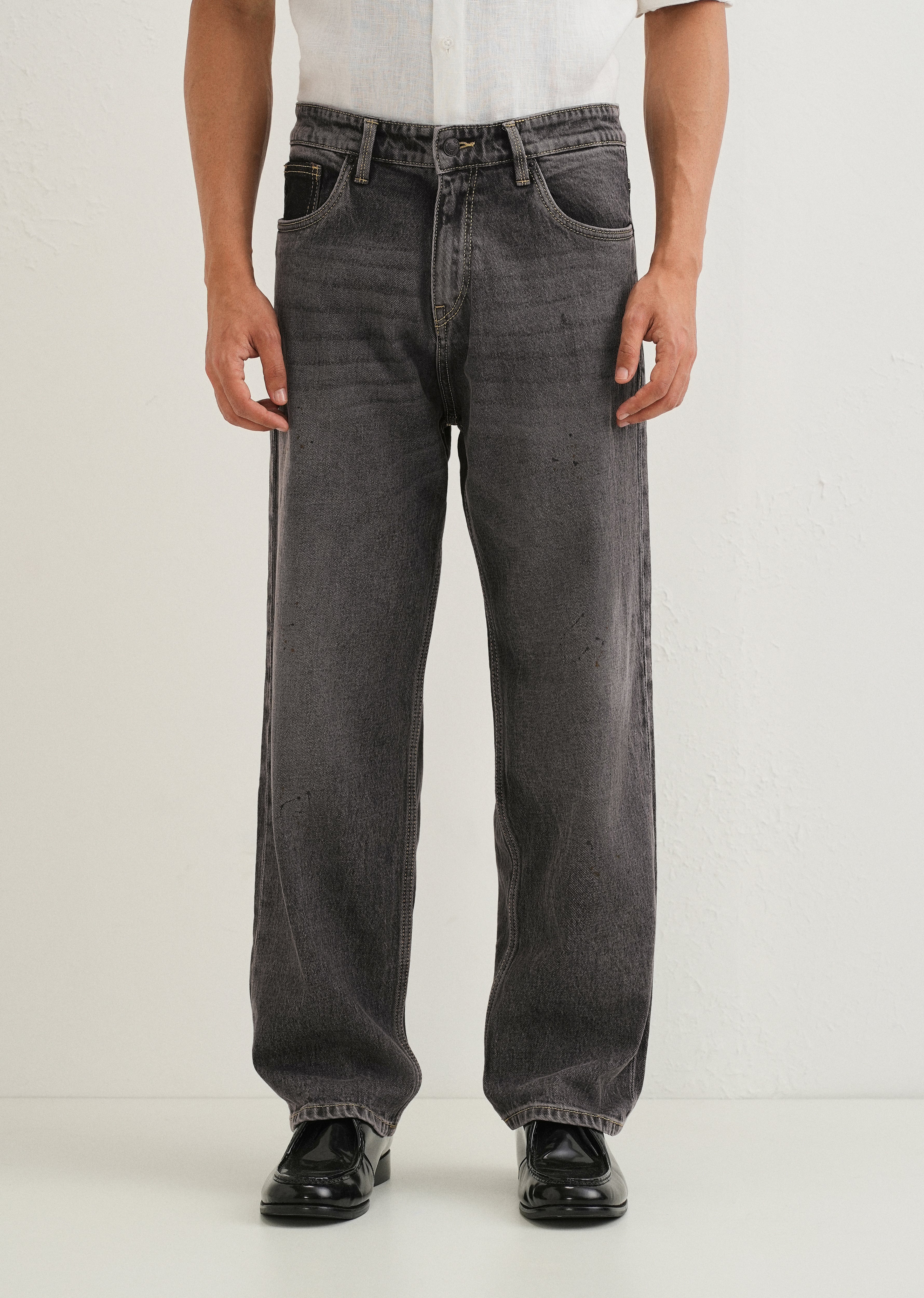 Ash Grey Splatter Straight Fit Denim