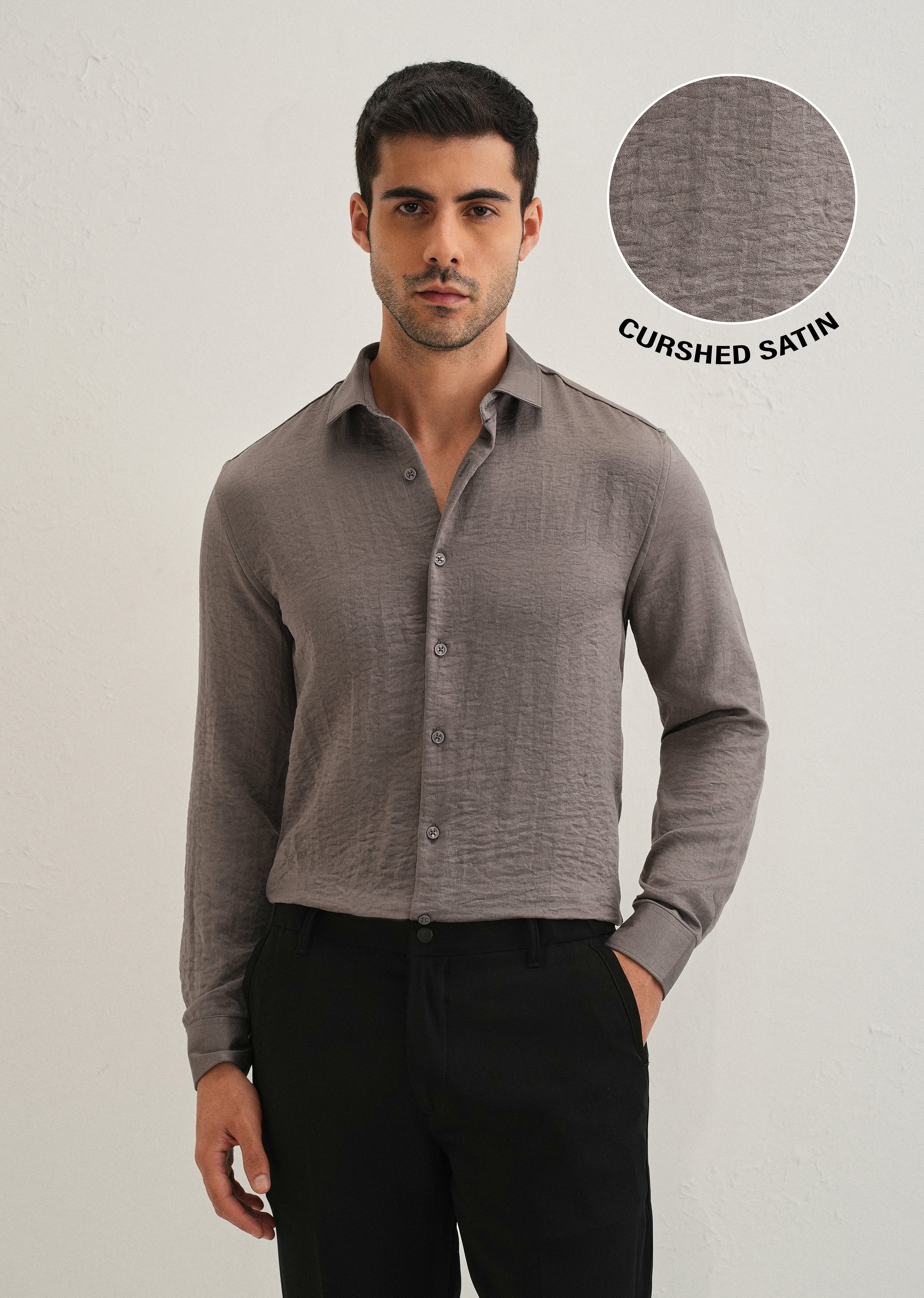 Ash Grey Plain Crushed Satin Shirt