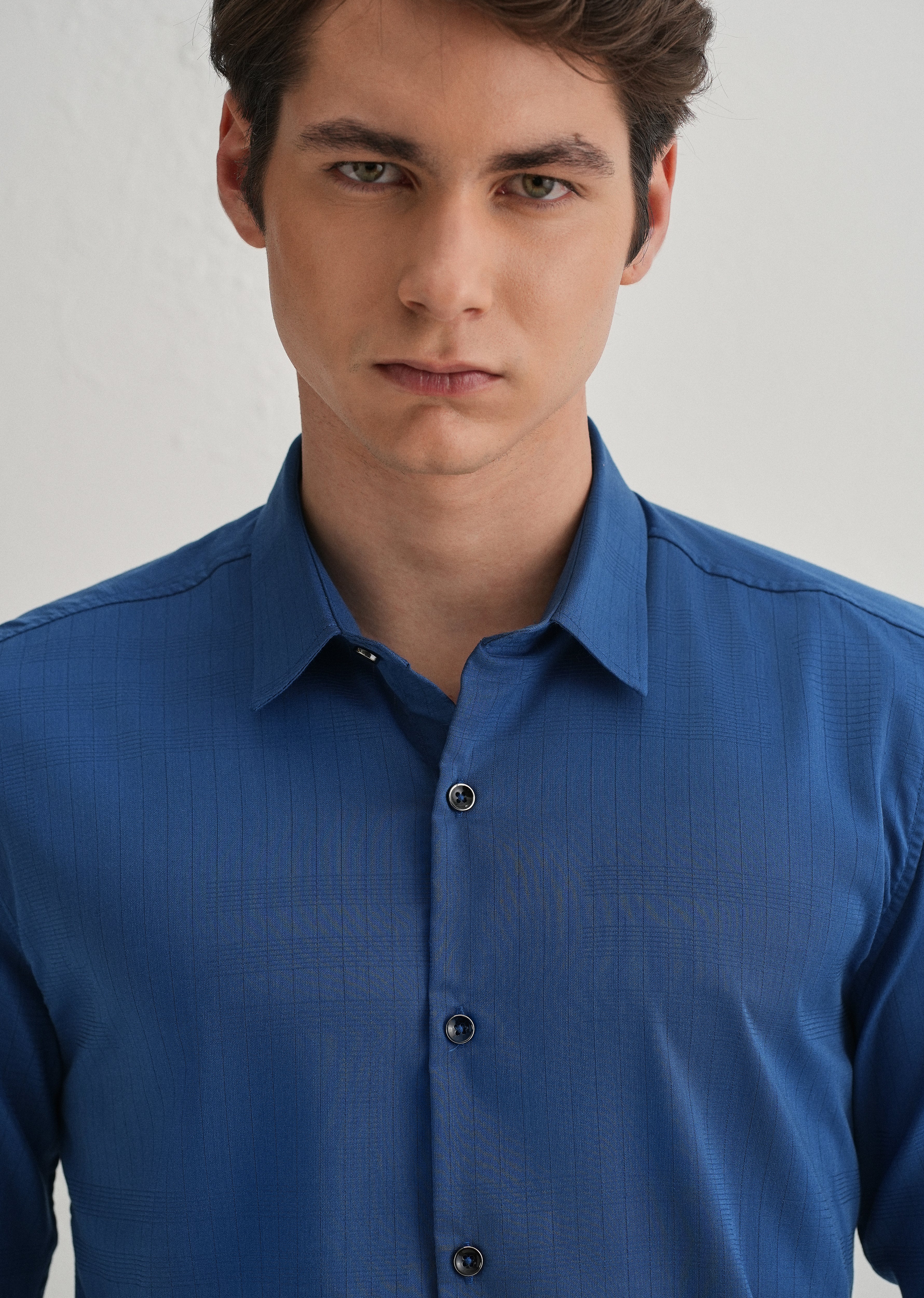 Azure Blue Self Striped Plain Shirt