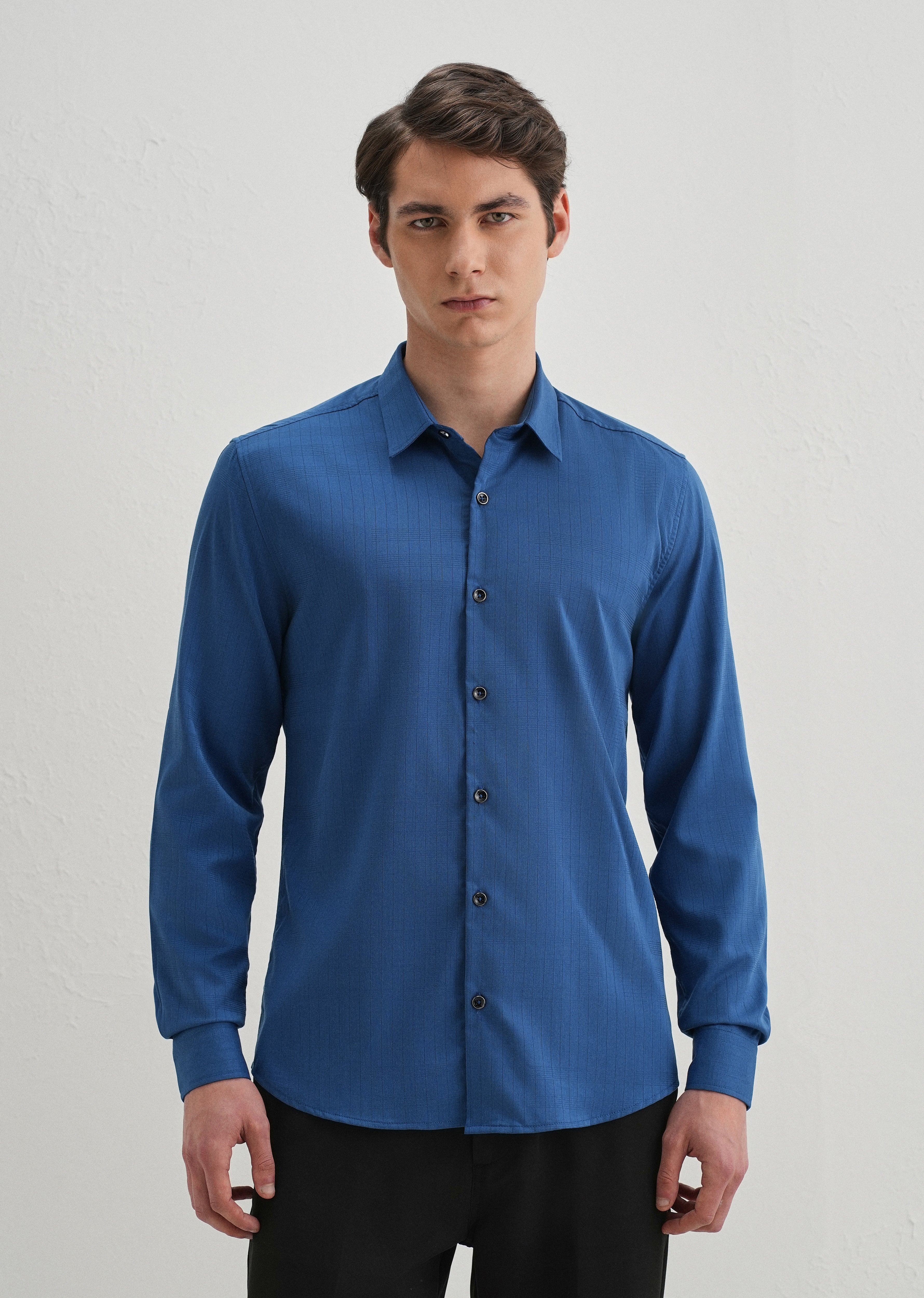 Azure Blue Self Striped Plain Shirt