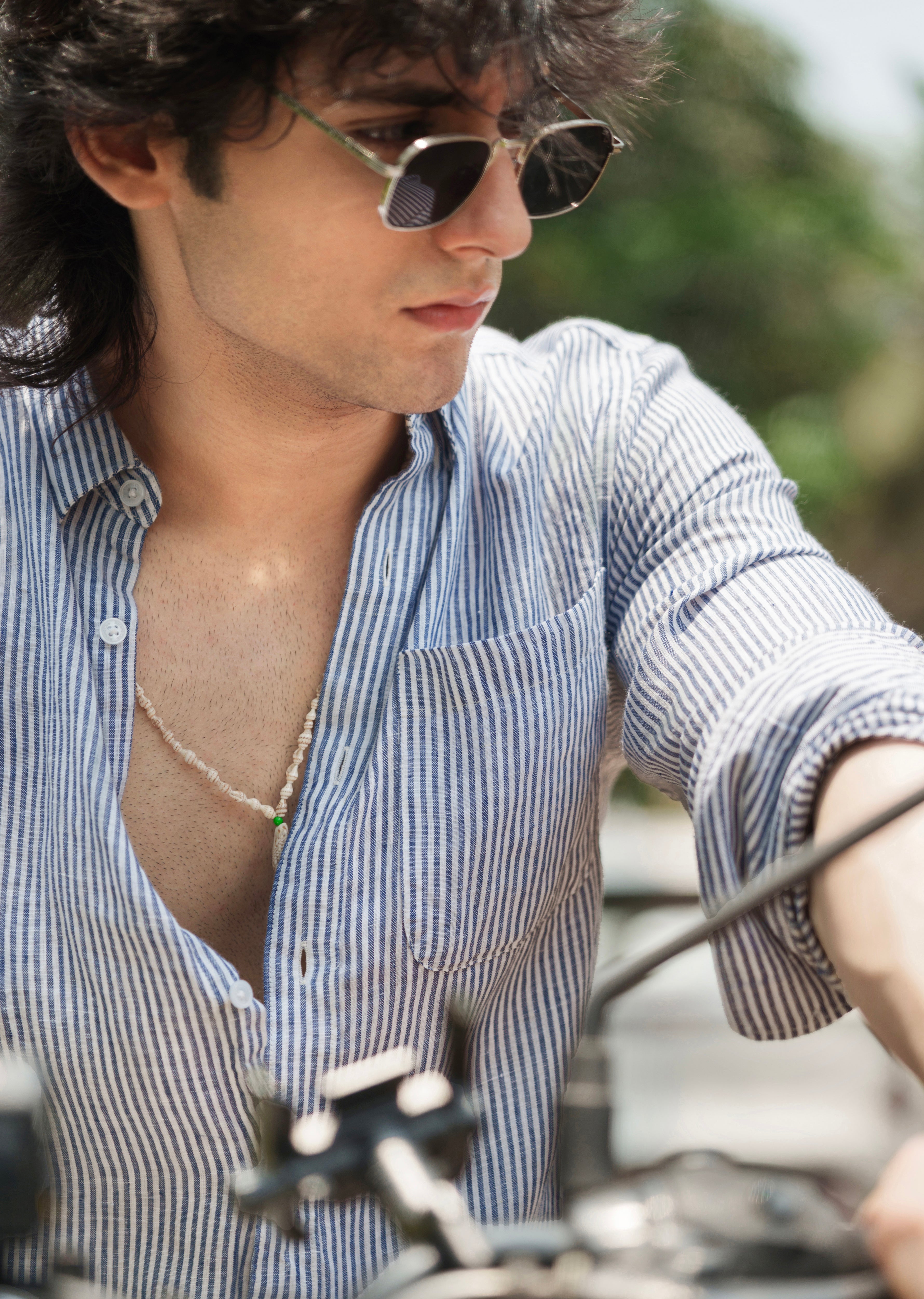 Navy Blue 100% Pure Linen Stripe Shirt