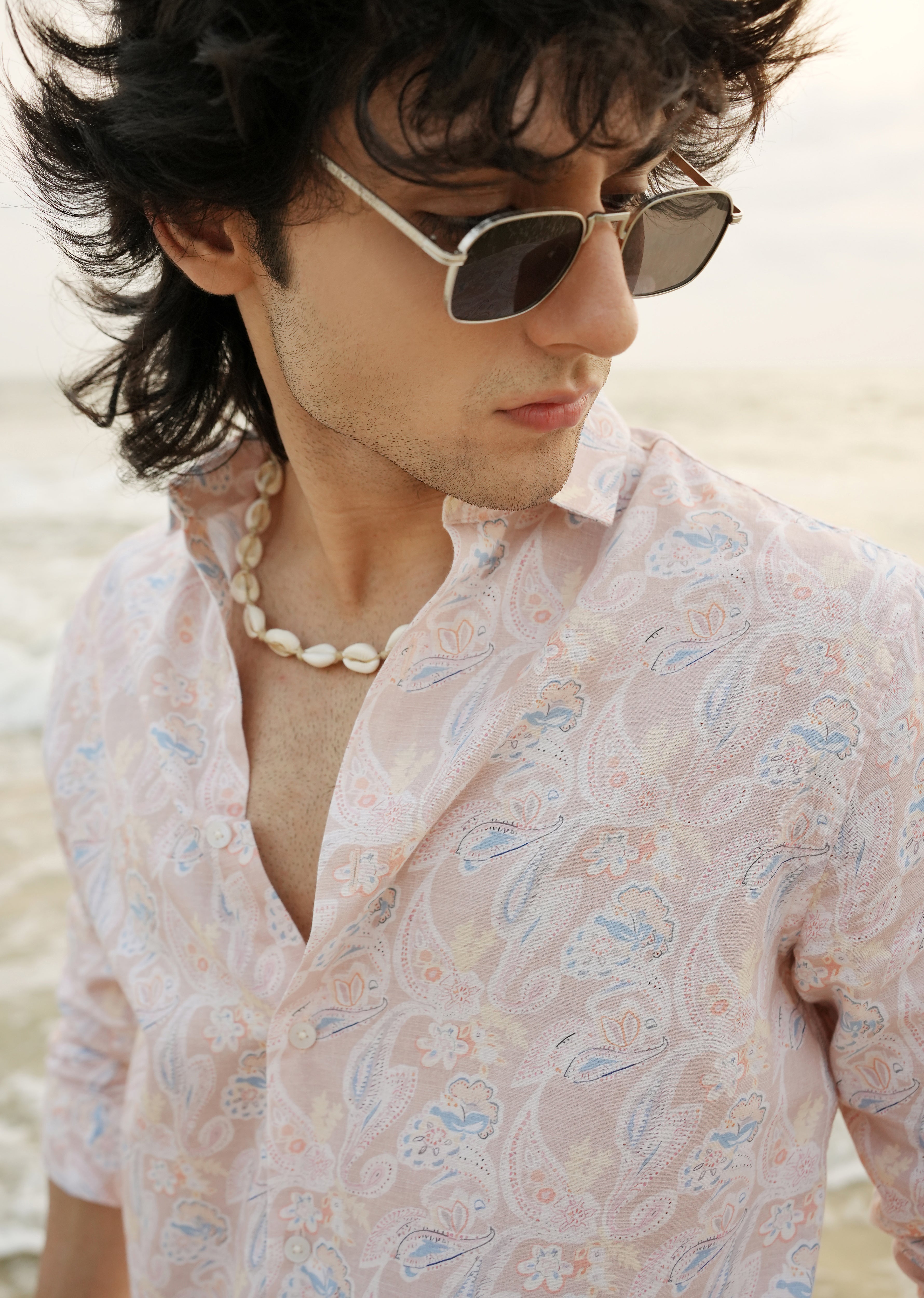Peach Paisley Print Cotton Linen Shirt
