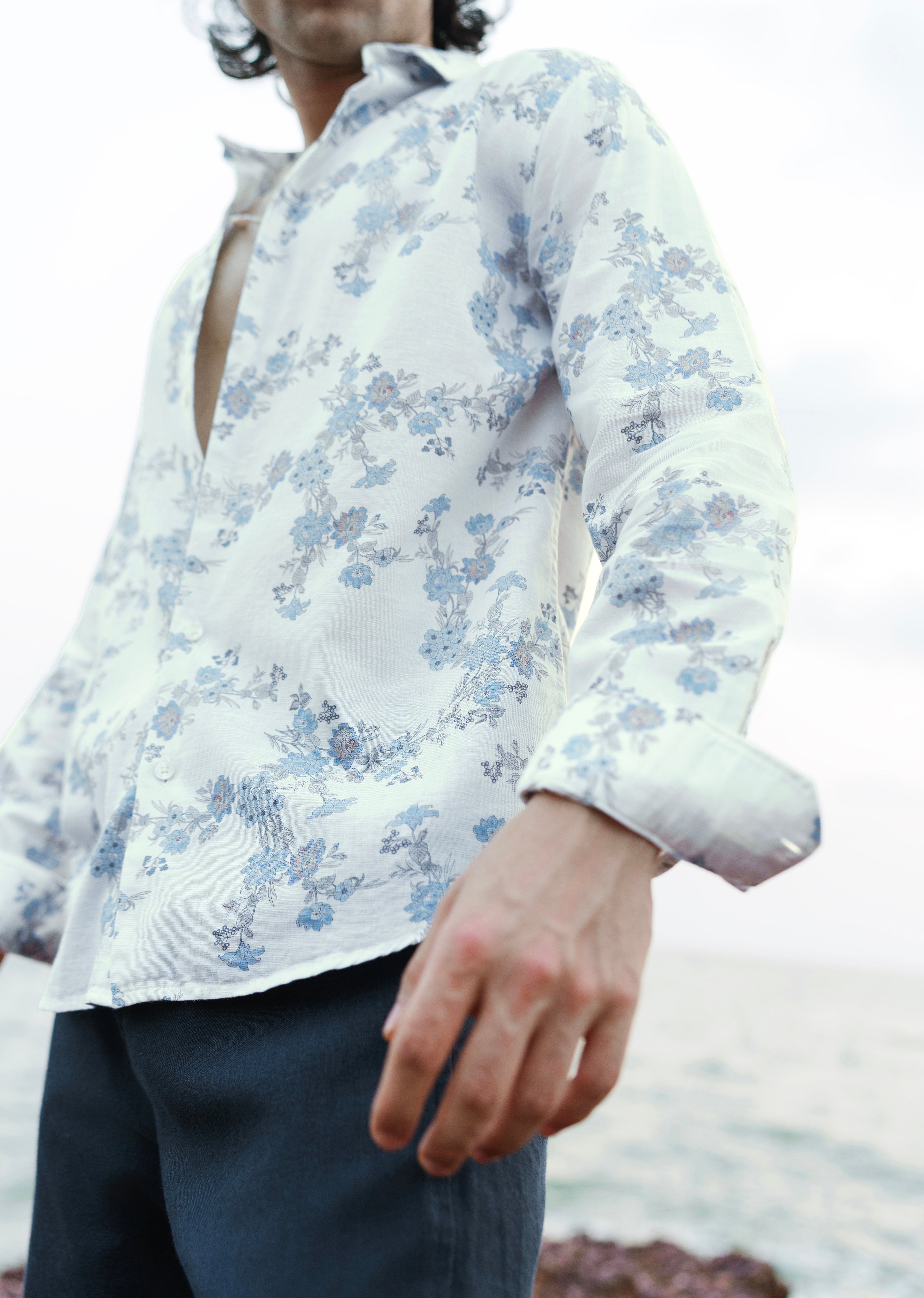 White Floral Print Cotton Linen Shirt