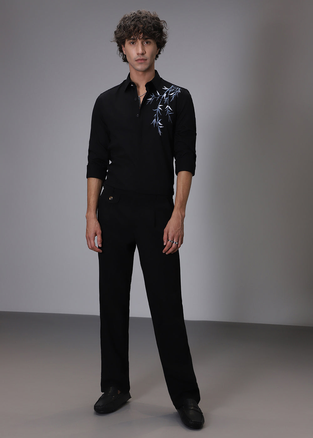 Bamboo Embroidery Black Designer Shirt