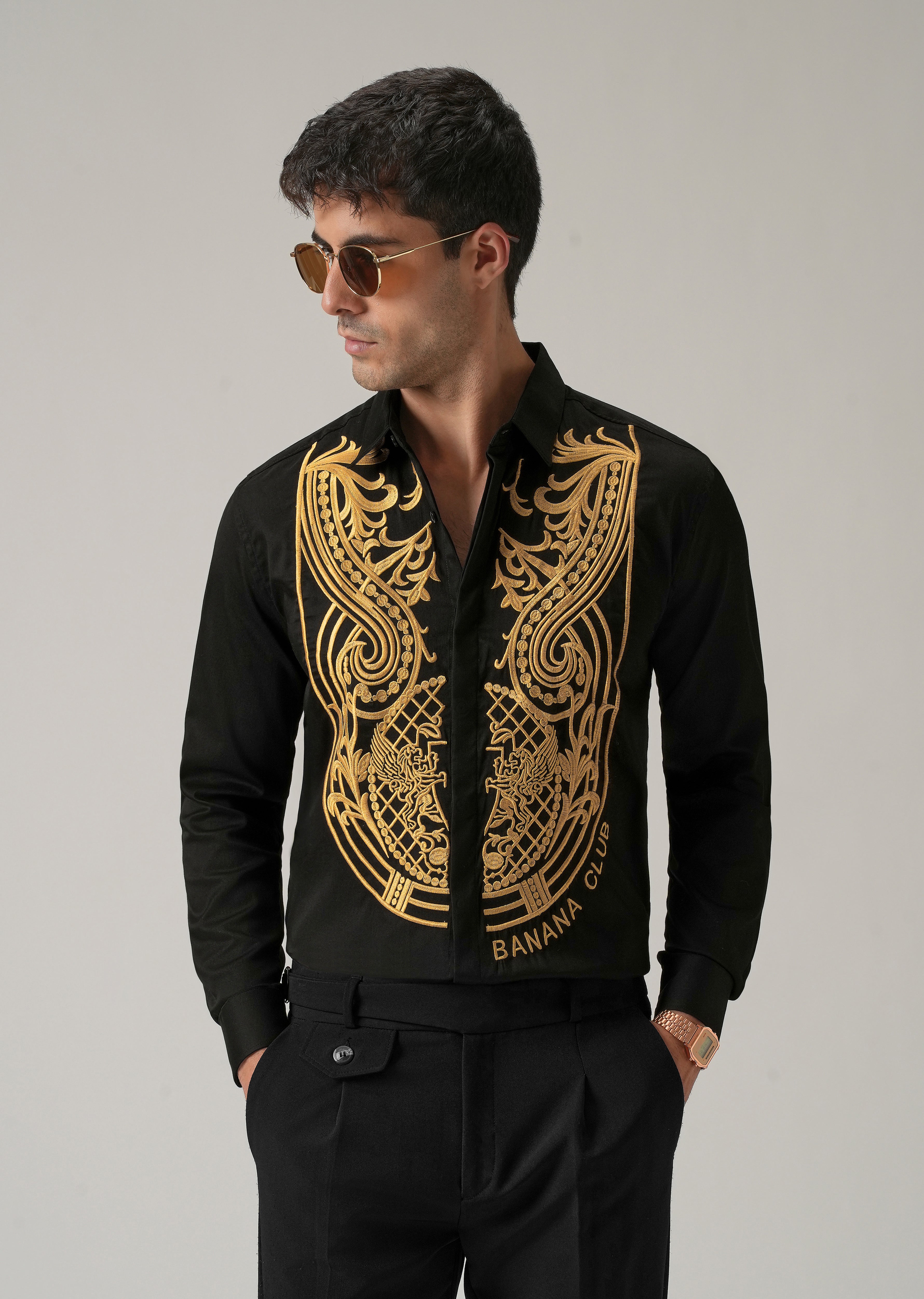 Gold Symmetric Embroidered Black Designer Shirt