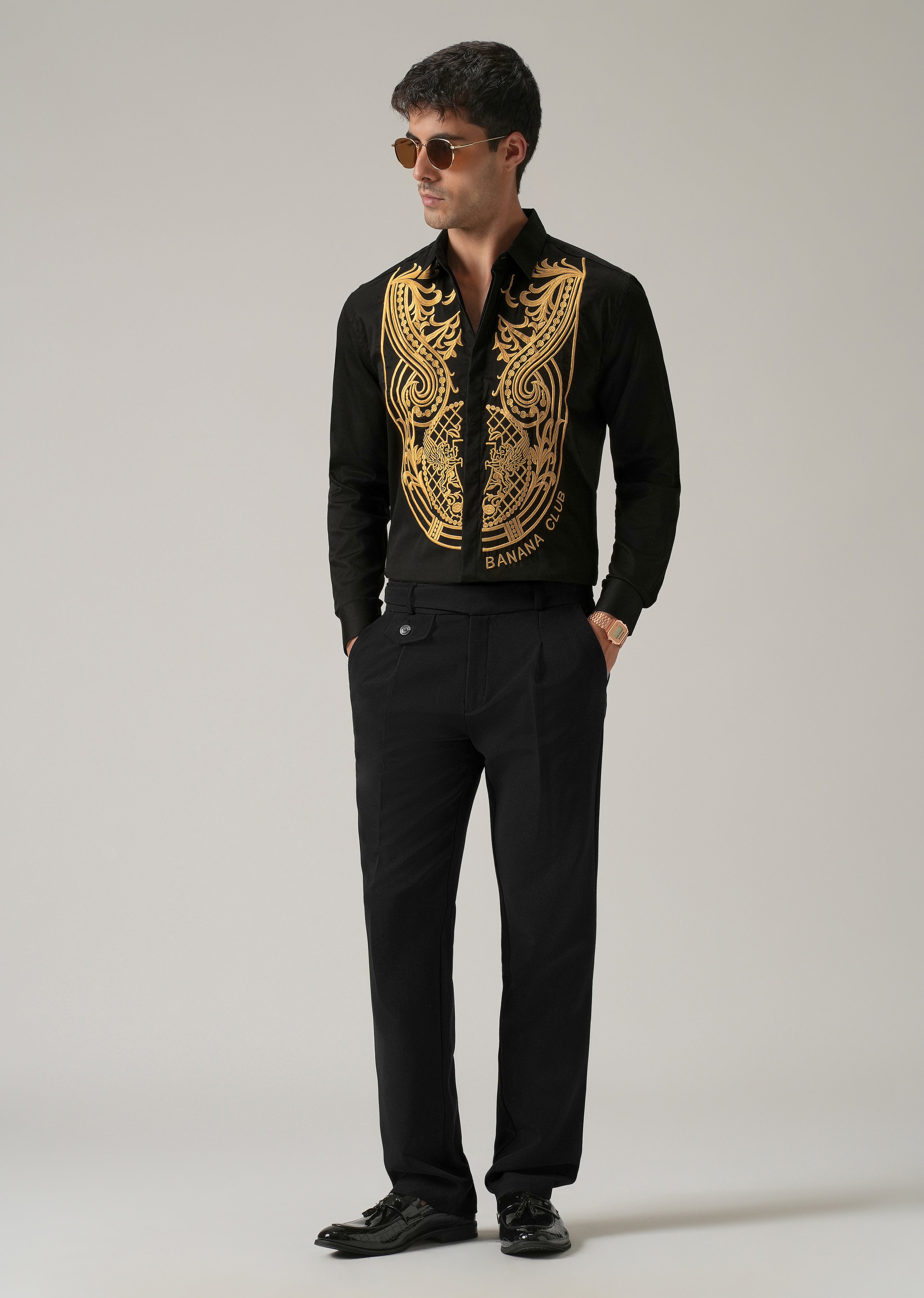 Gold Symmetric Embroidered Black Designer Shirt