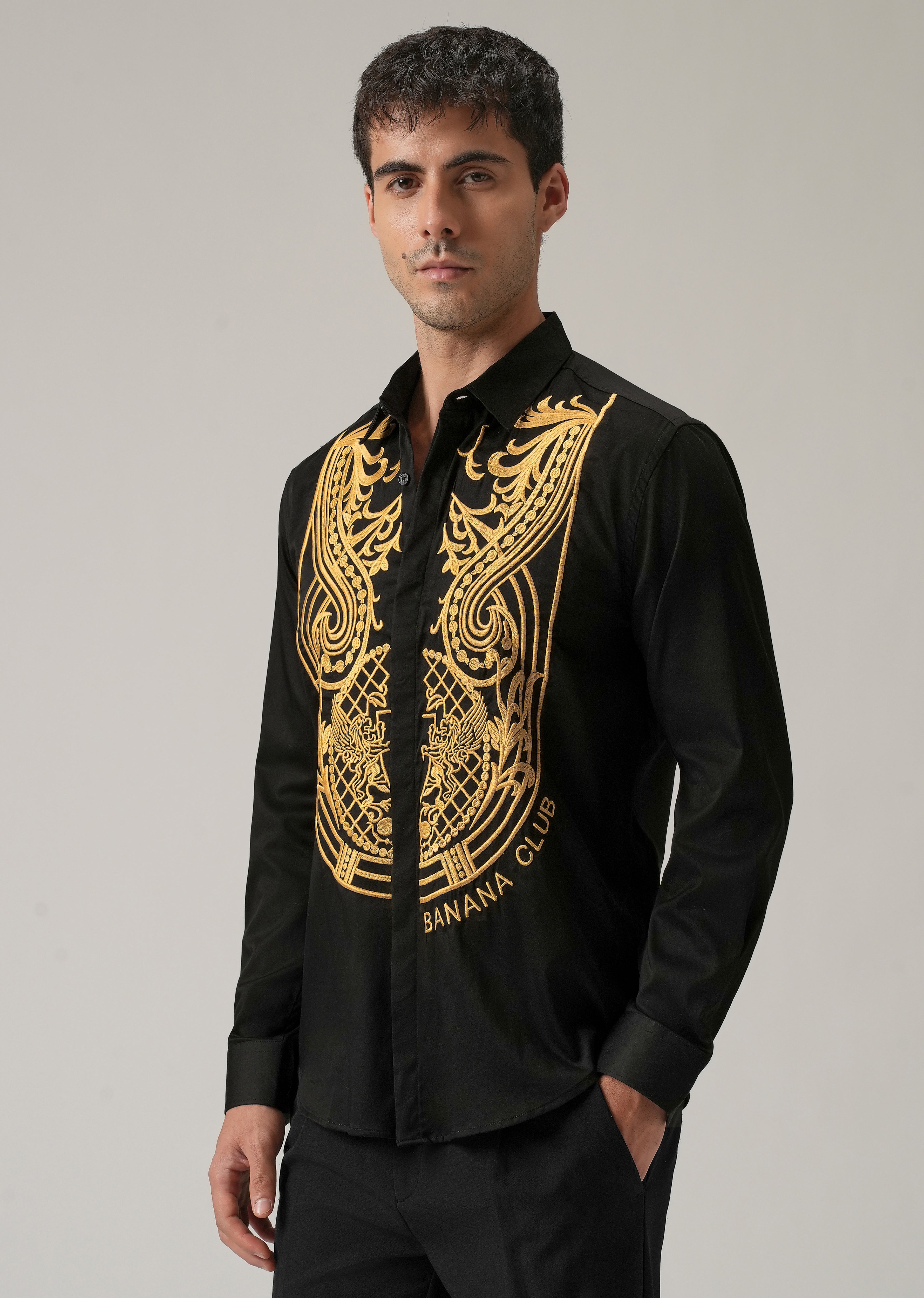 Gold Symmetric Embroidered Black Designer Shirt