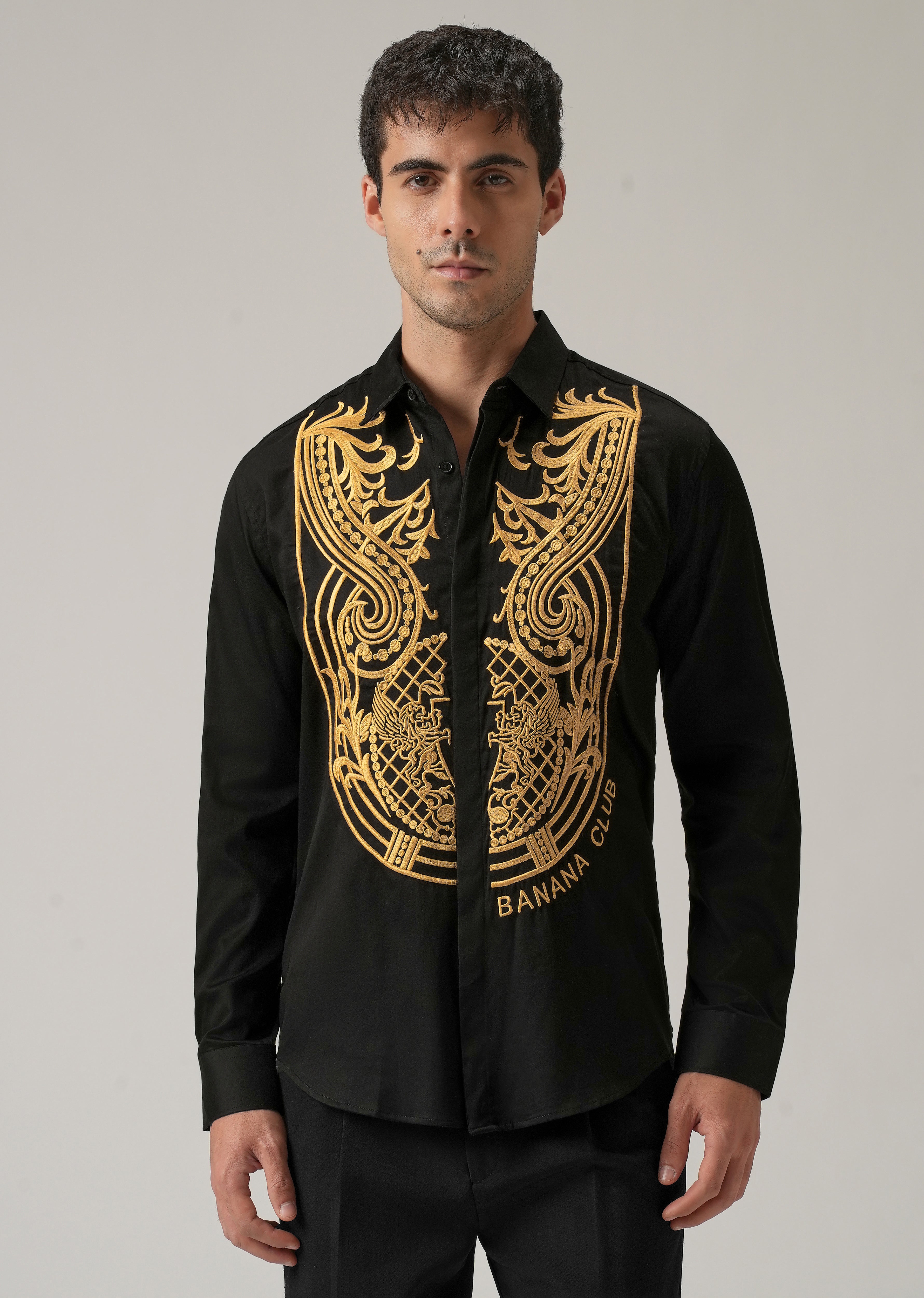 Gold Symmetric Embroidered Black Designer Shirt