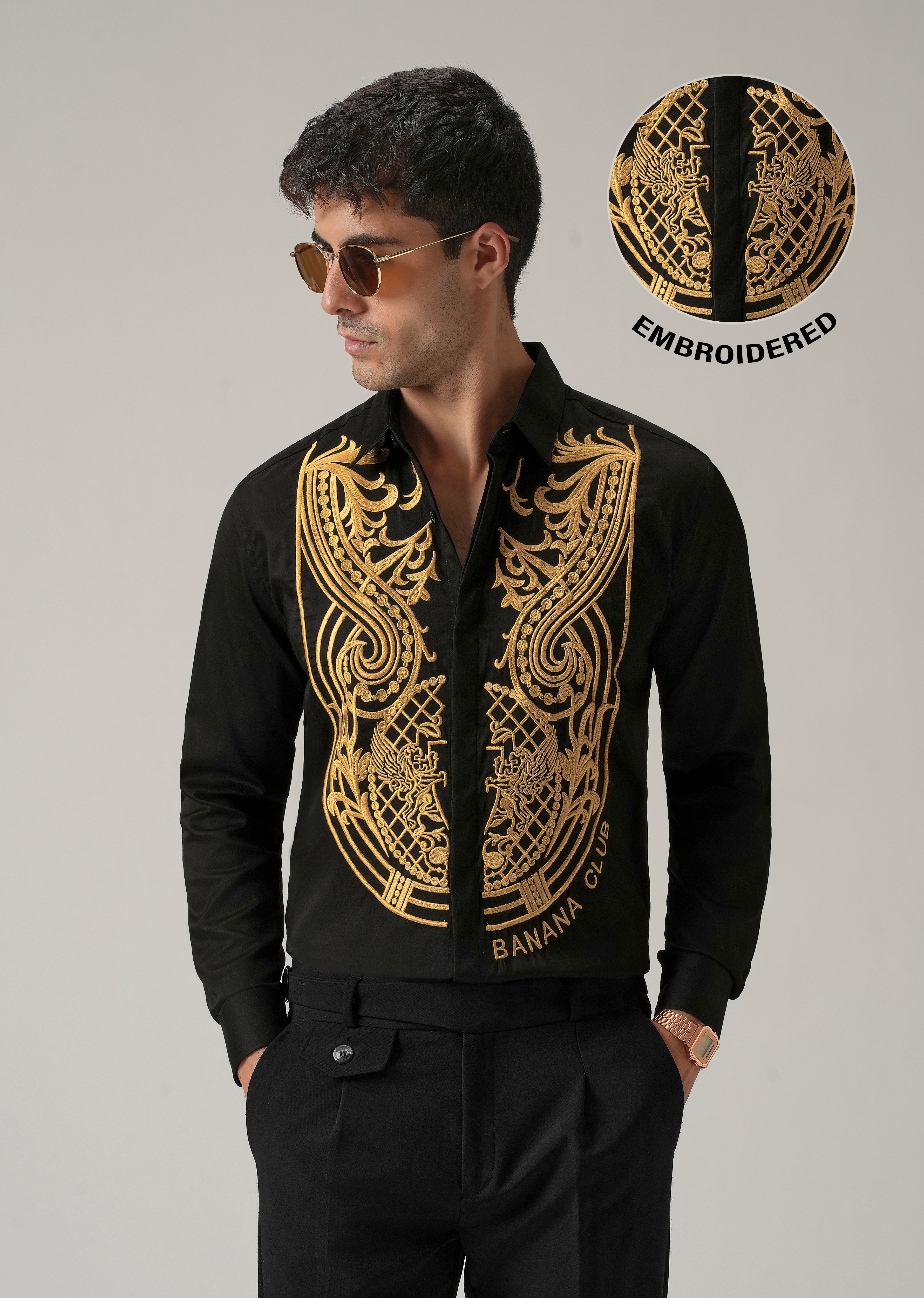 Gold Symmetric Embroidered Black Designer Shirt