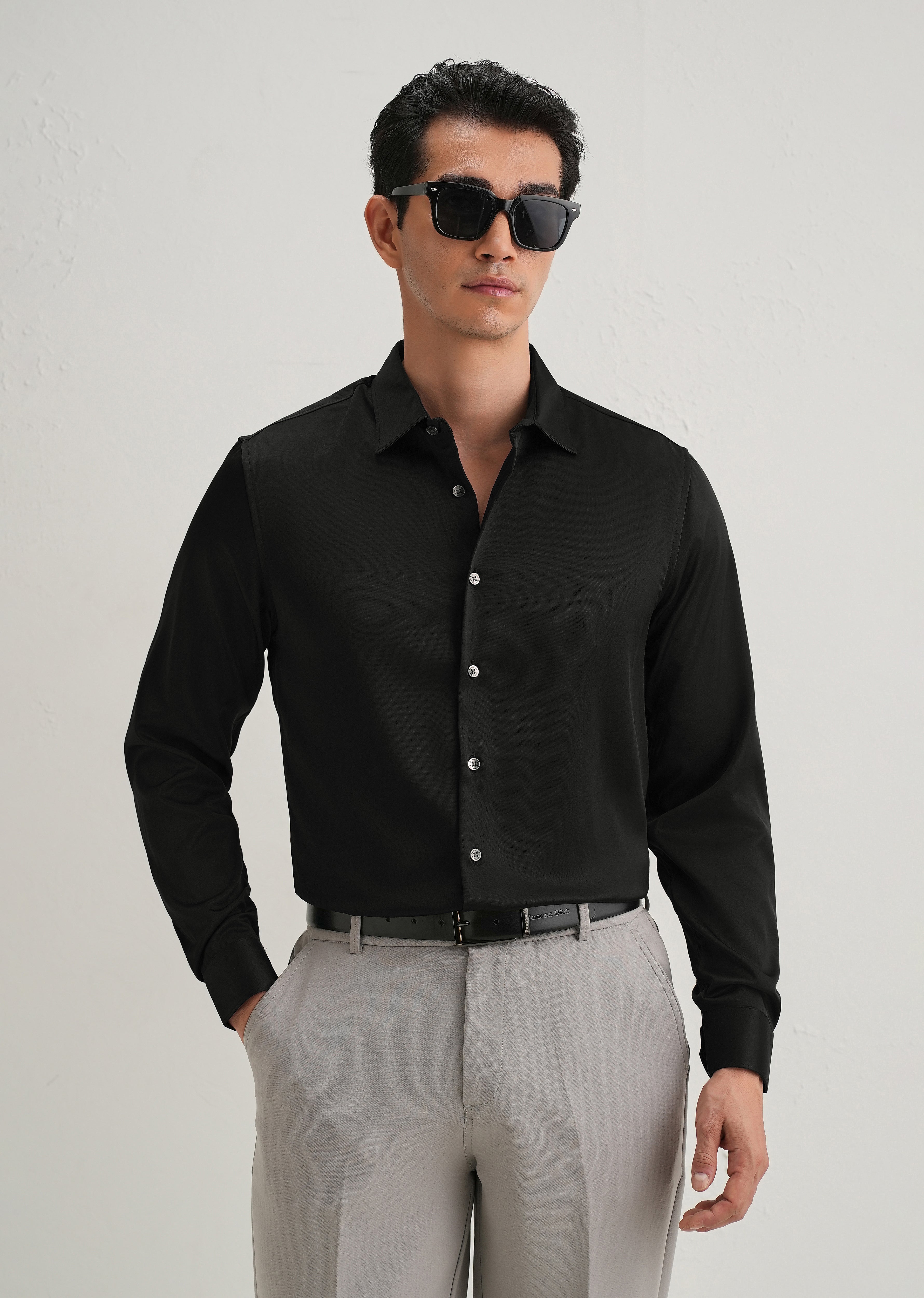 Black Premium Satin-Finish Plain Shirt
