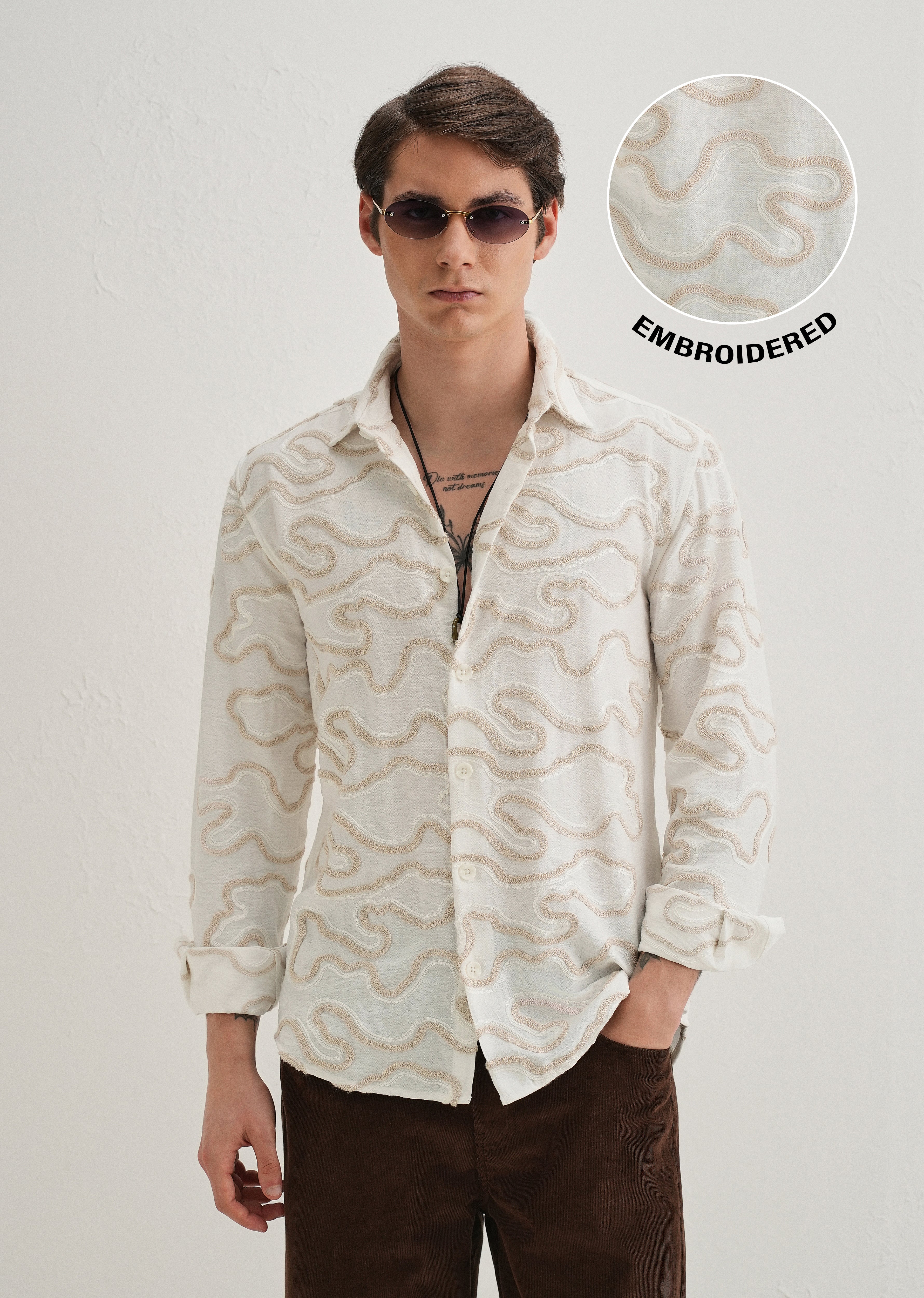 Beige Artistic Abstract Embroidery Shirt