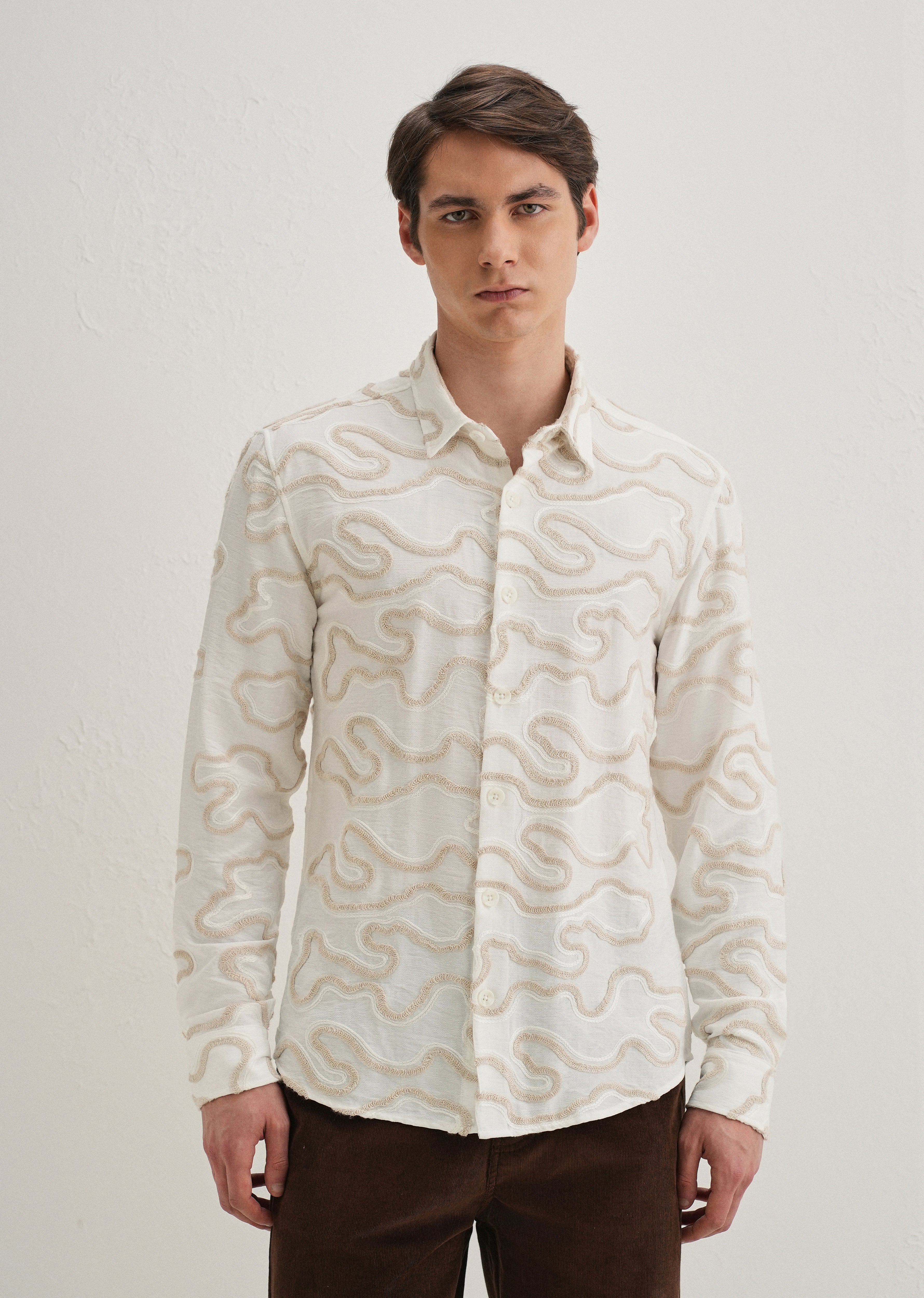 Beige Artistic Abstract Embroidery Shirt