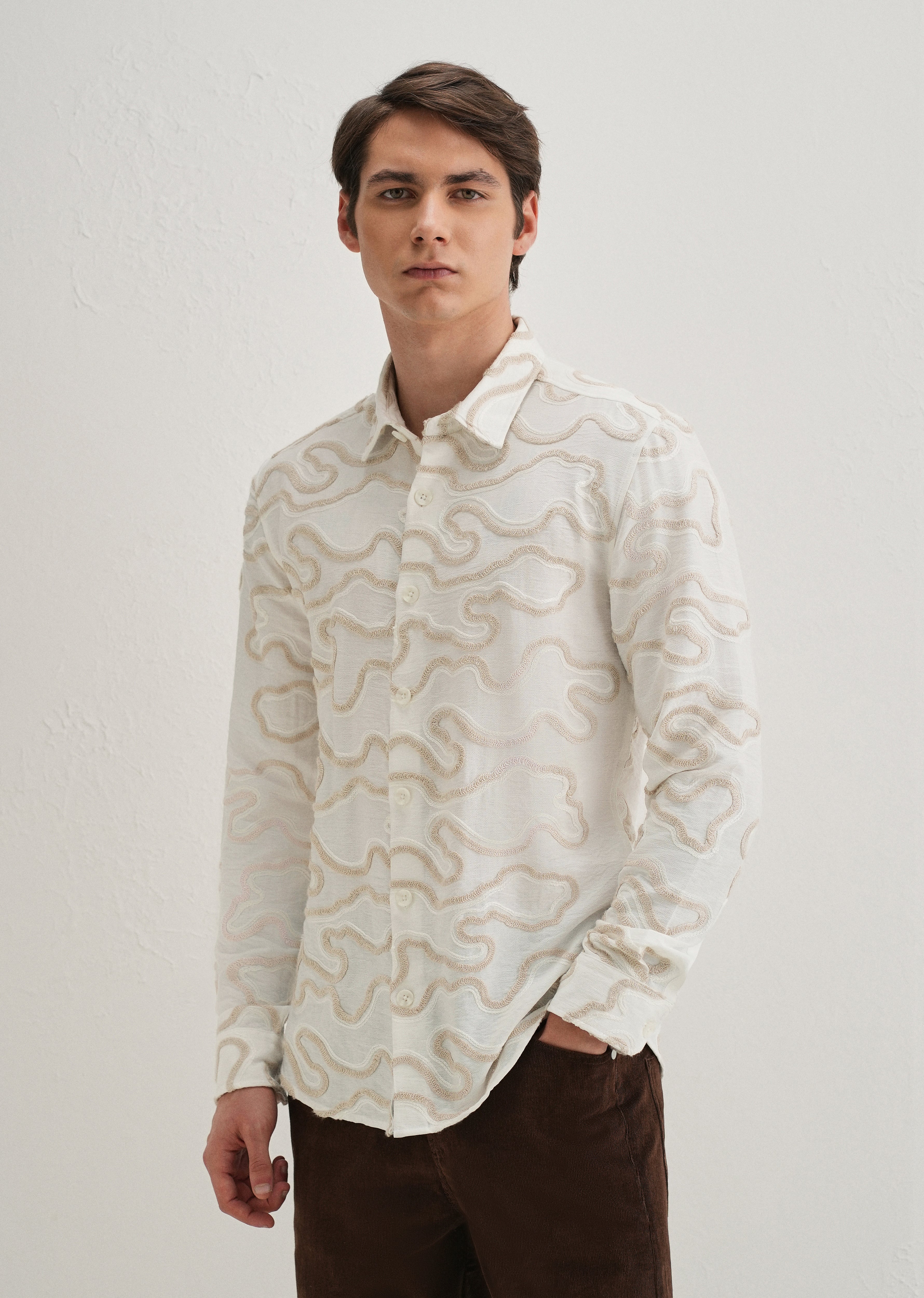 Beige Artistic Abstract Embroidery Shirt