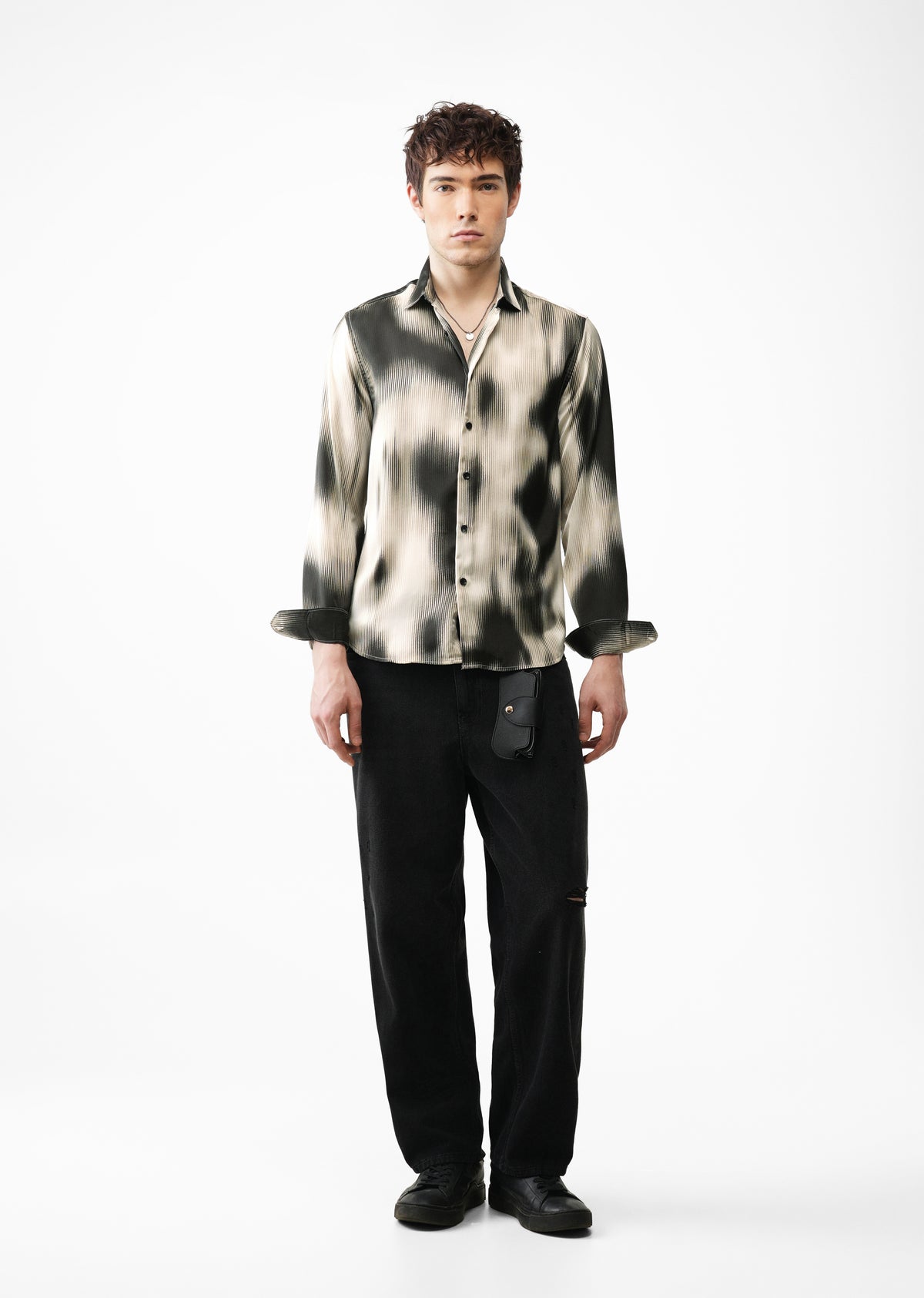 Beige & Black Abstract Stripe Printed Shirt