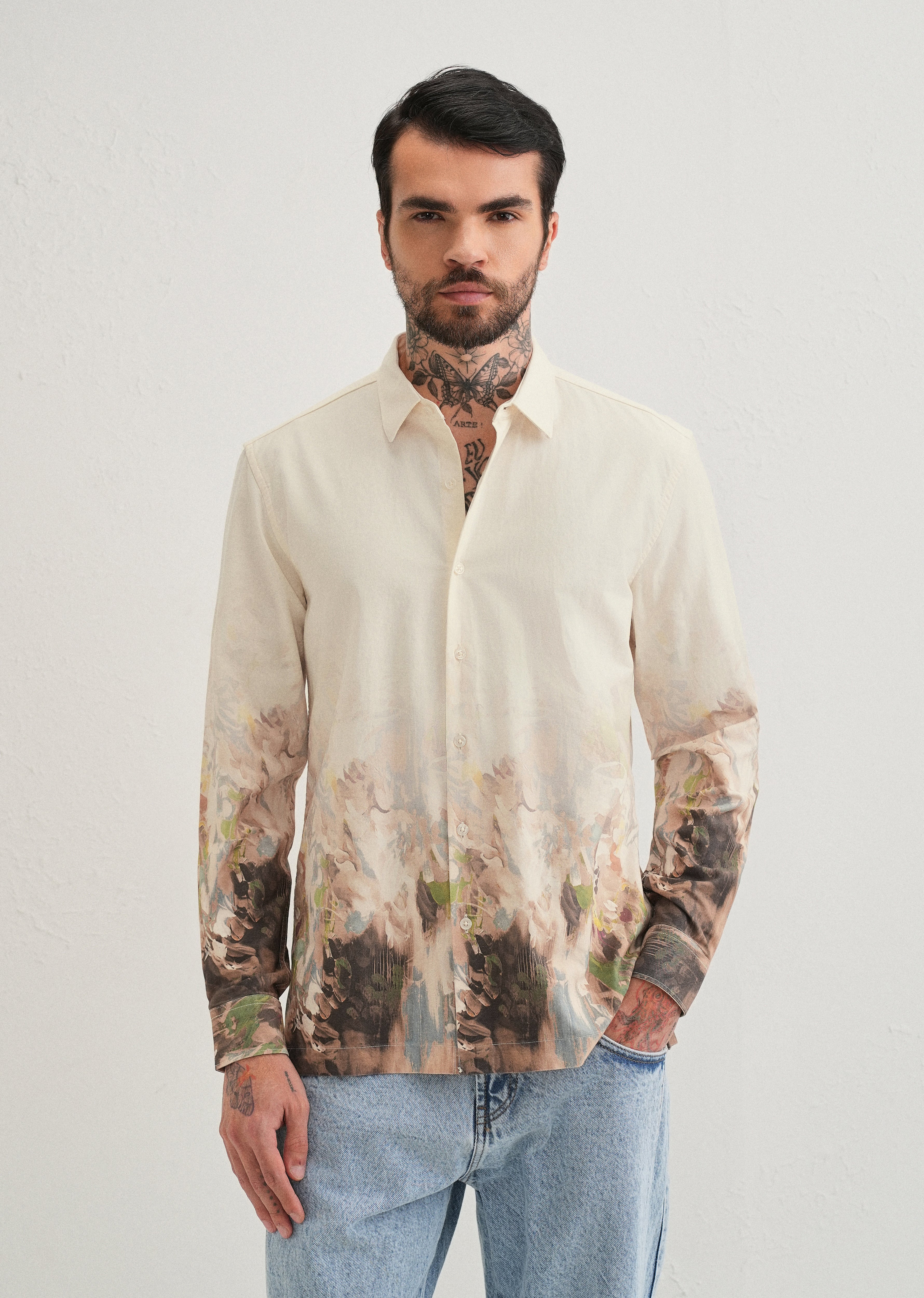 Beige Blue Abstract Printed Shirt