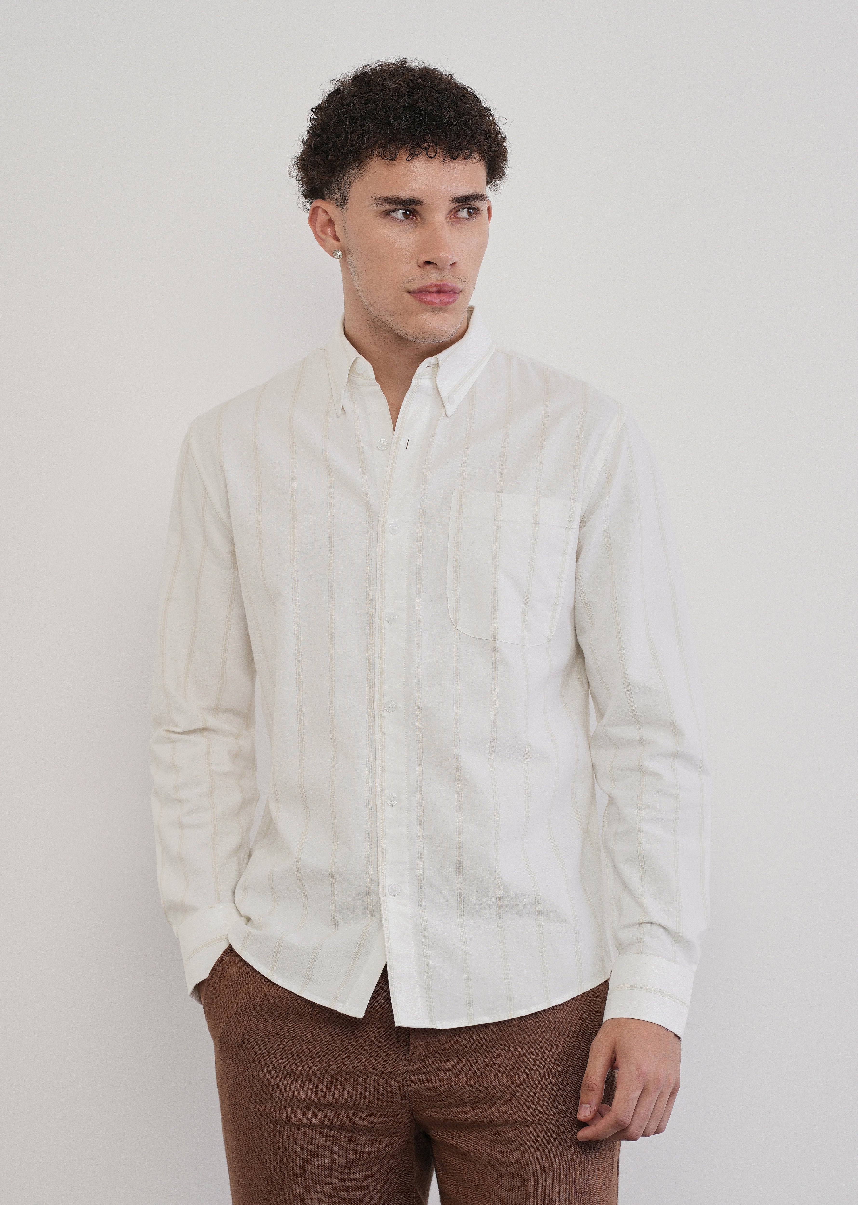 Beige Cluster Stripe Cotton Shirt