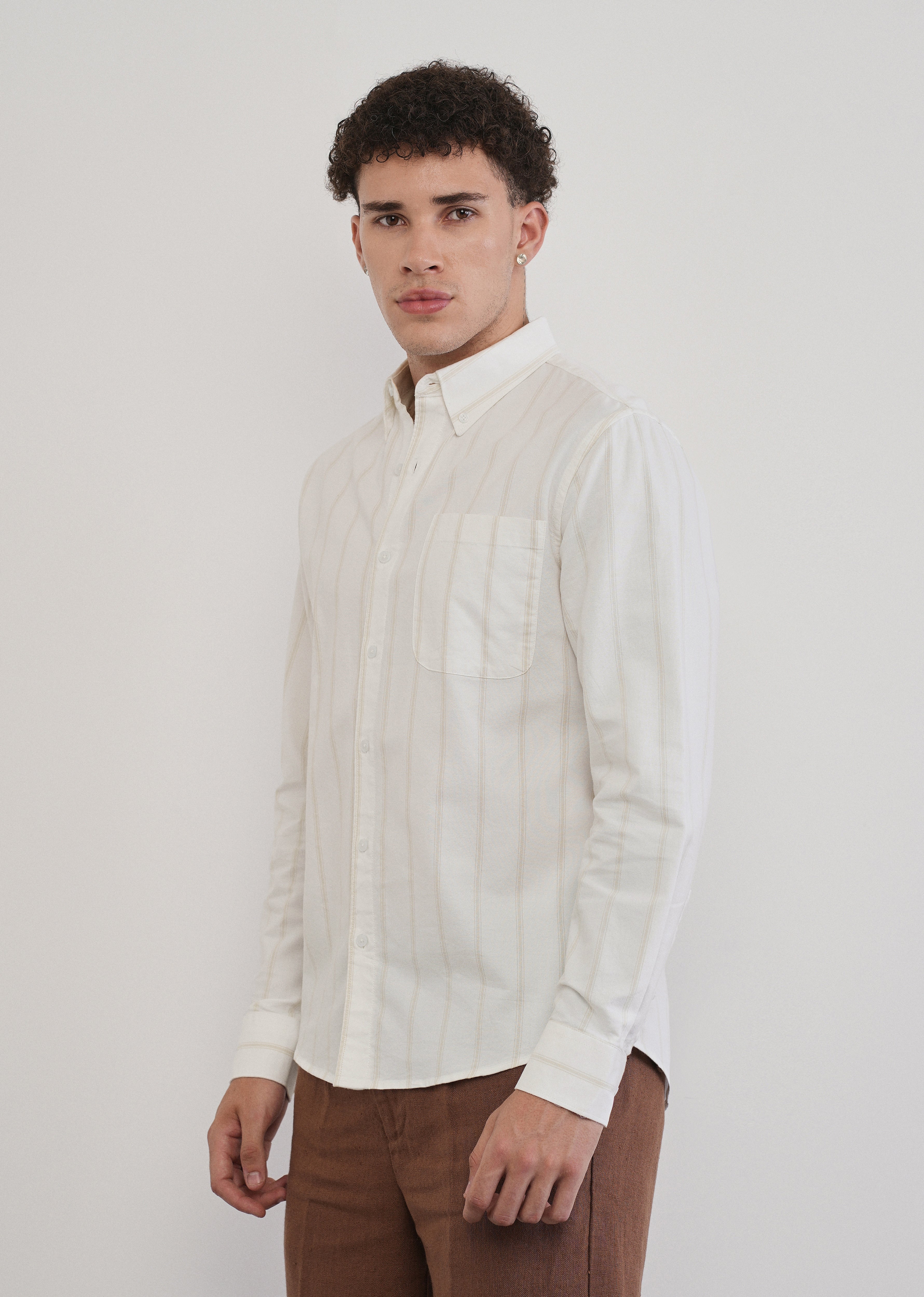 Beige Cluster Stripe Cotton Shirt