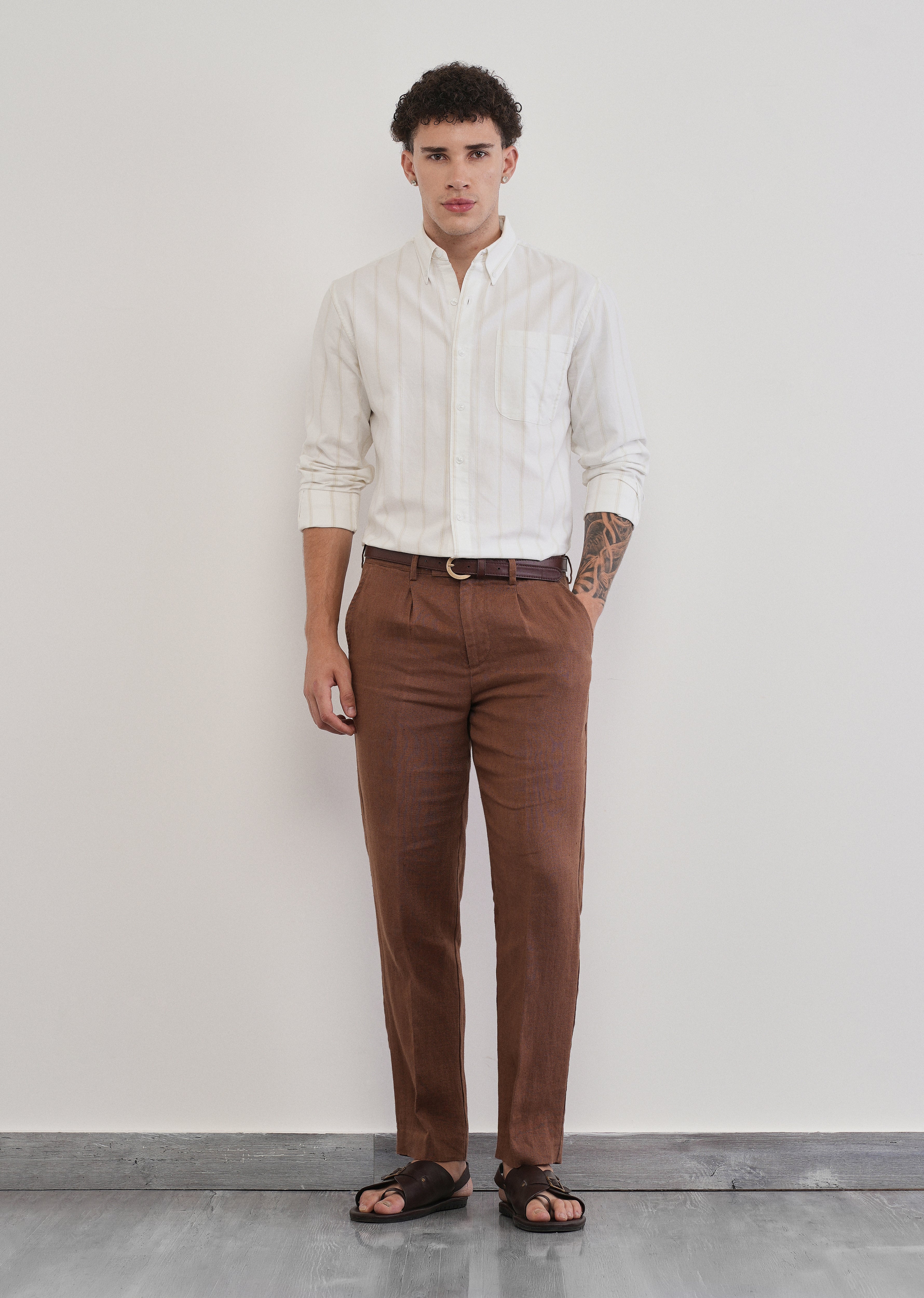 Beige Cluster Stripe Cotton Shirt