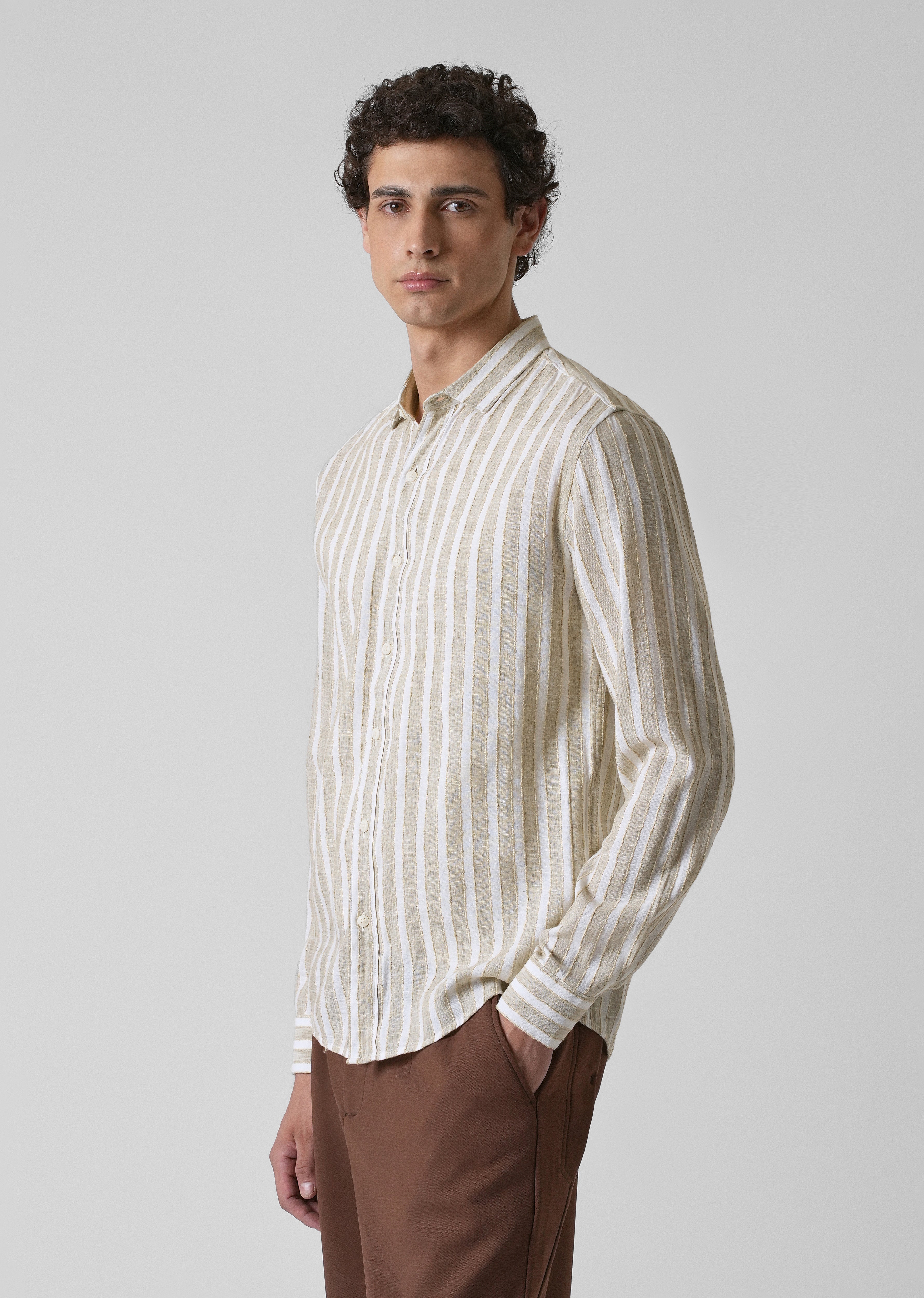 Beige Blended Cotton Striped Shirt